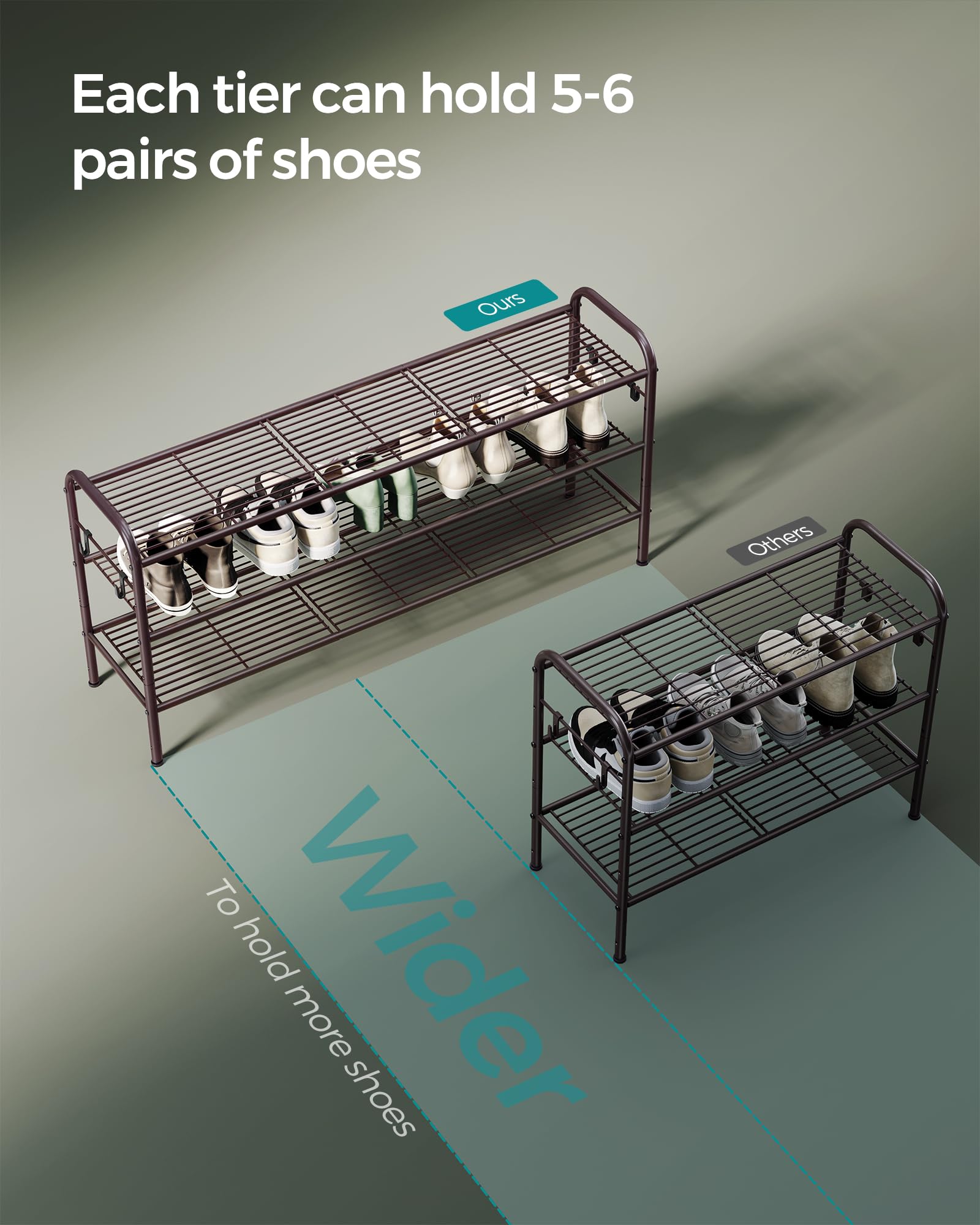 Songmics Shoe Rack, 3-Tier Shoe Organizer, Metal Shoe Shelf Storage With 4 Side Hooks, Holds 18 Pairs Of Shoes, Height-Adjustable Shoe Rack For Entryway, Hallway, Closet, Easy Assembly, Chestnut Brown