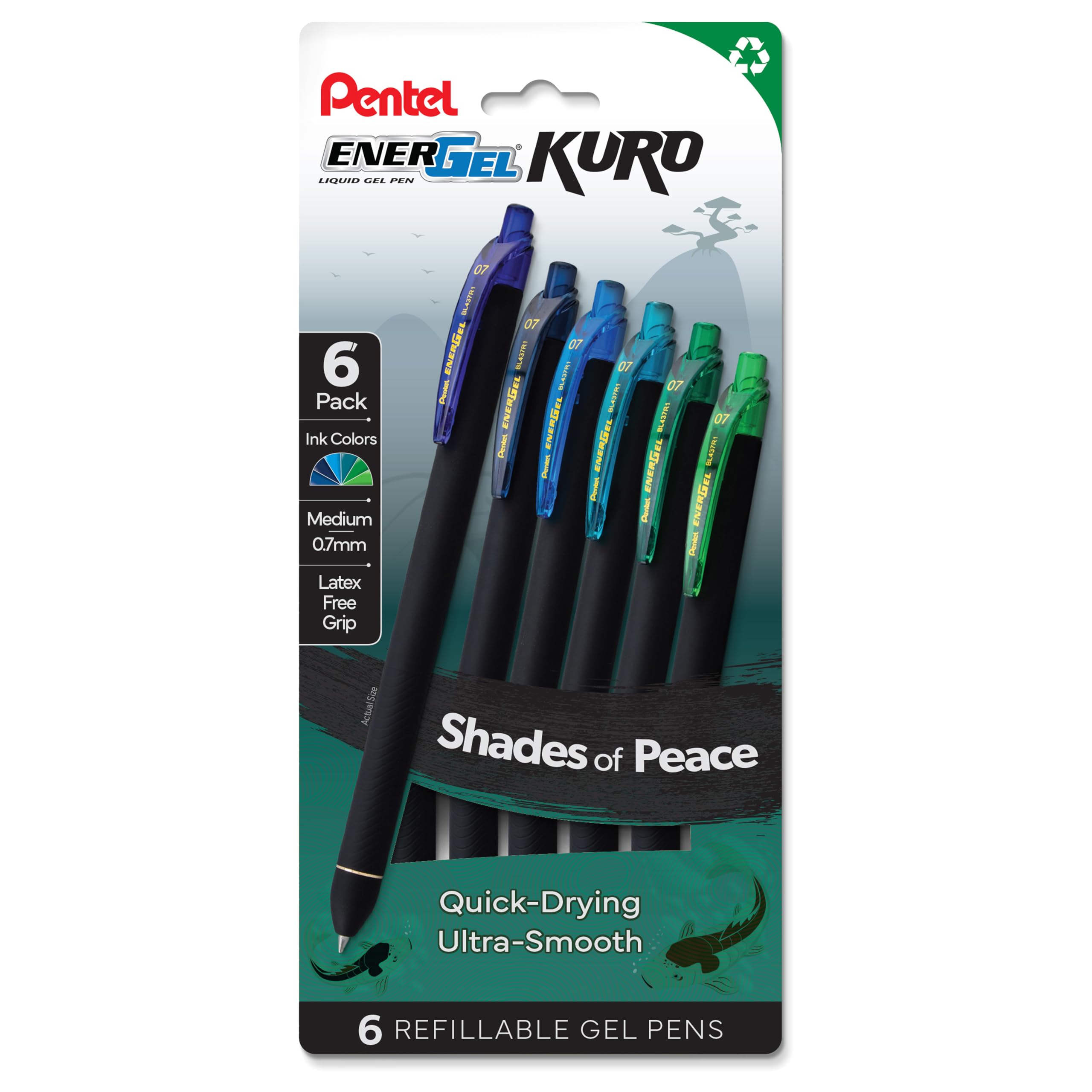 Pentel Energel Kuro Shades Of Peace, Retractable Liquid Gel Pen, Assorted Ink Colors, Pack Of 6 (Bl437Peapf6)