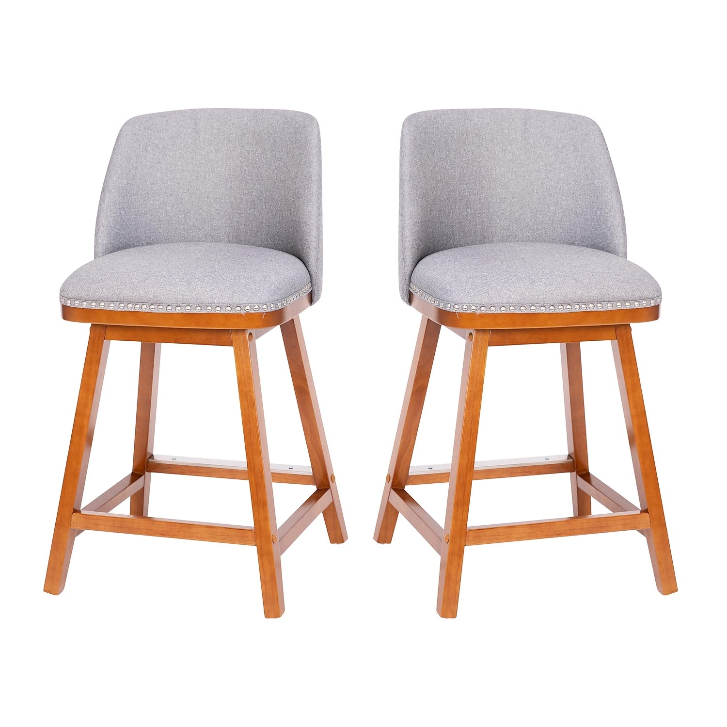 Flash Furniture Julia Set of 2 Transitional Counter Stools - Gray Faux Linen Upholstery - Silver Nailhead Trim - 24 Inch - Walnu