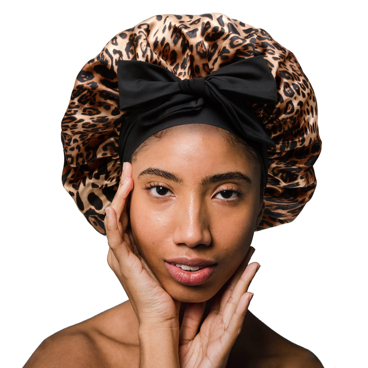 Silky Satin Hair Bonnet, Night Cap Hair Cover for Black Women Hair Care with Soft Strechy Tie Band - Jumbo Satin Sleep Cap(Leopa