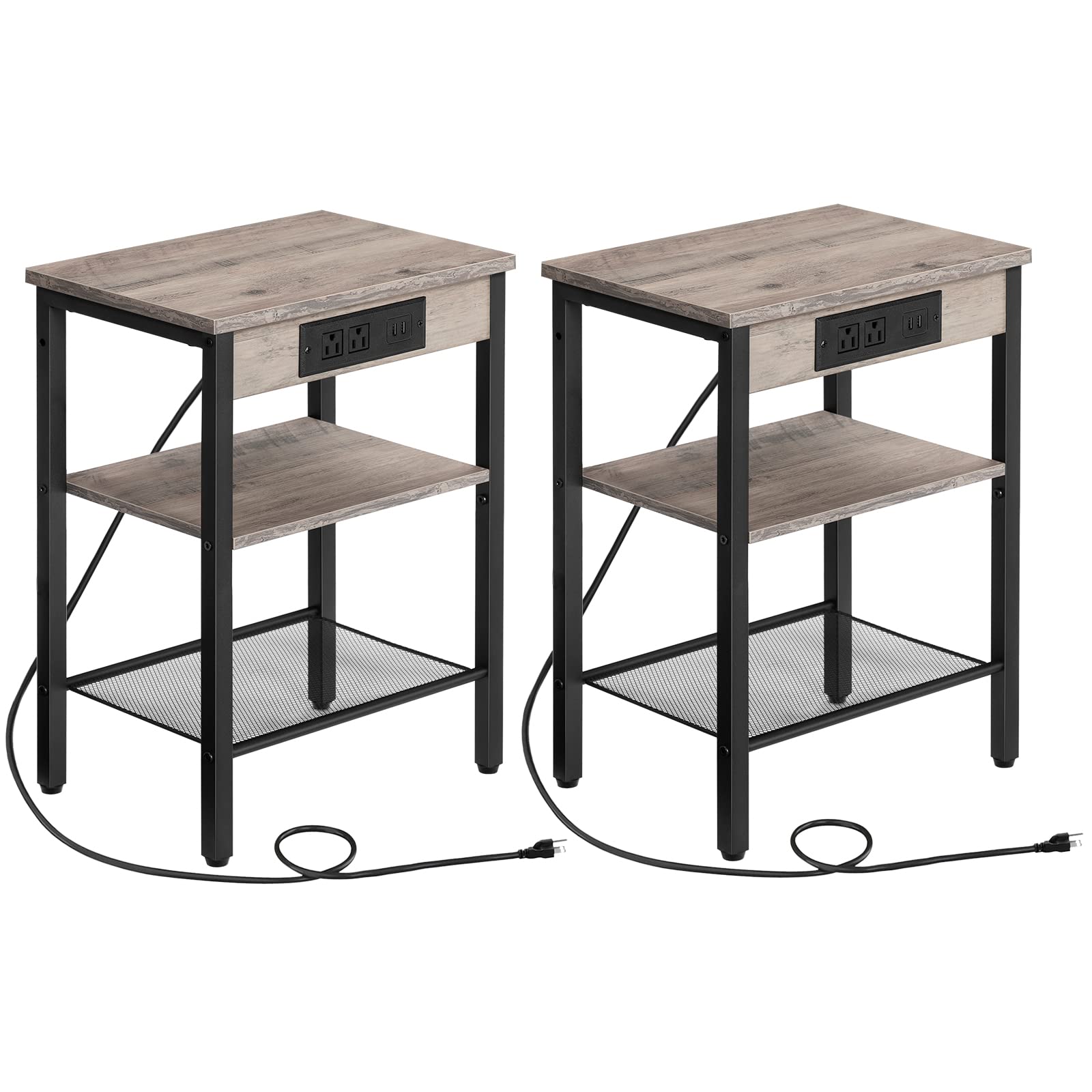 HOOBRO End Tables Set of 2 with Charging Station and USB Ports, 3-Tier Nightstands with Adjustable Shelves, Narrow Side Tables f