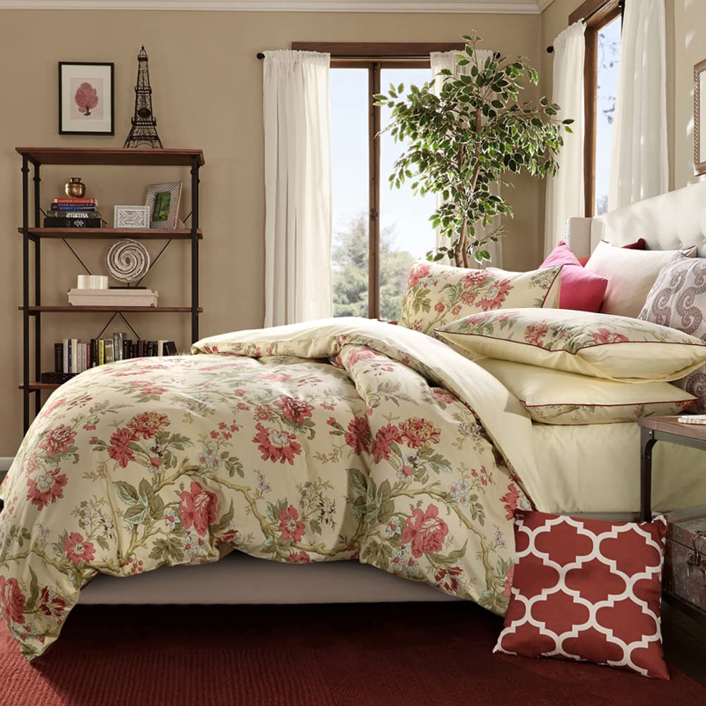 Mixinni Garden Style 3 Pieces Red Flower Leaf Pattern Duvet Cover Set Queen Reversible Beige Comforter Cover Set For Women And M