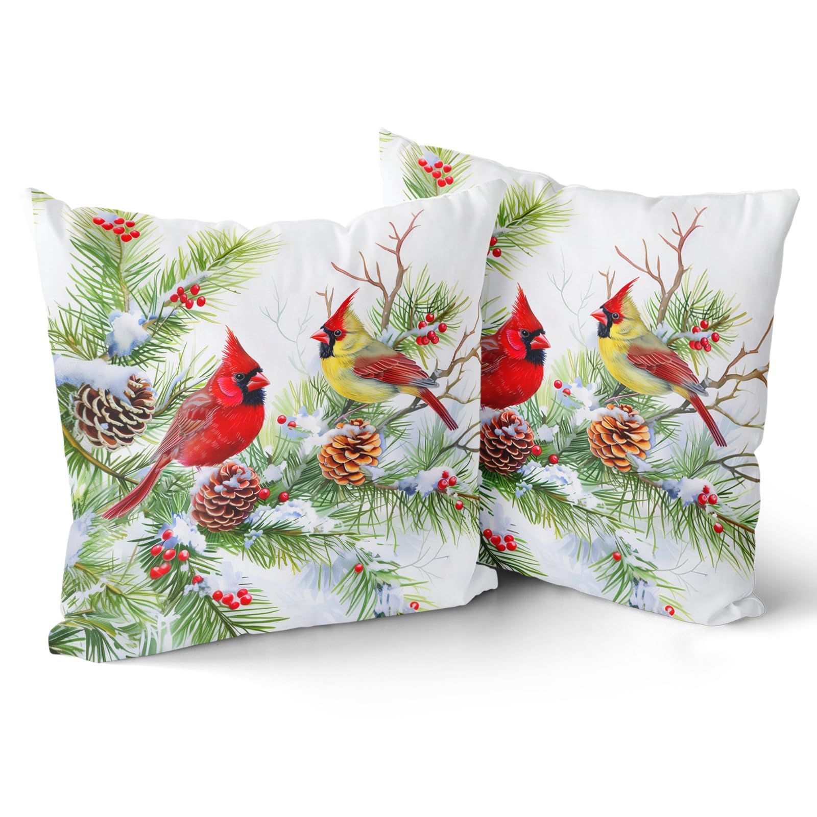 Giwawa Winter Birds Pillow Covers Set Of 2 18X18 Inch Christmas Trees Holly Berry Pine Cones Xmas Snow Scene Square Cushion Case