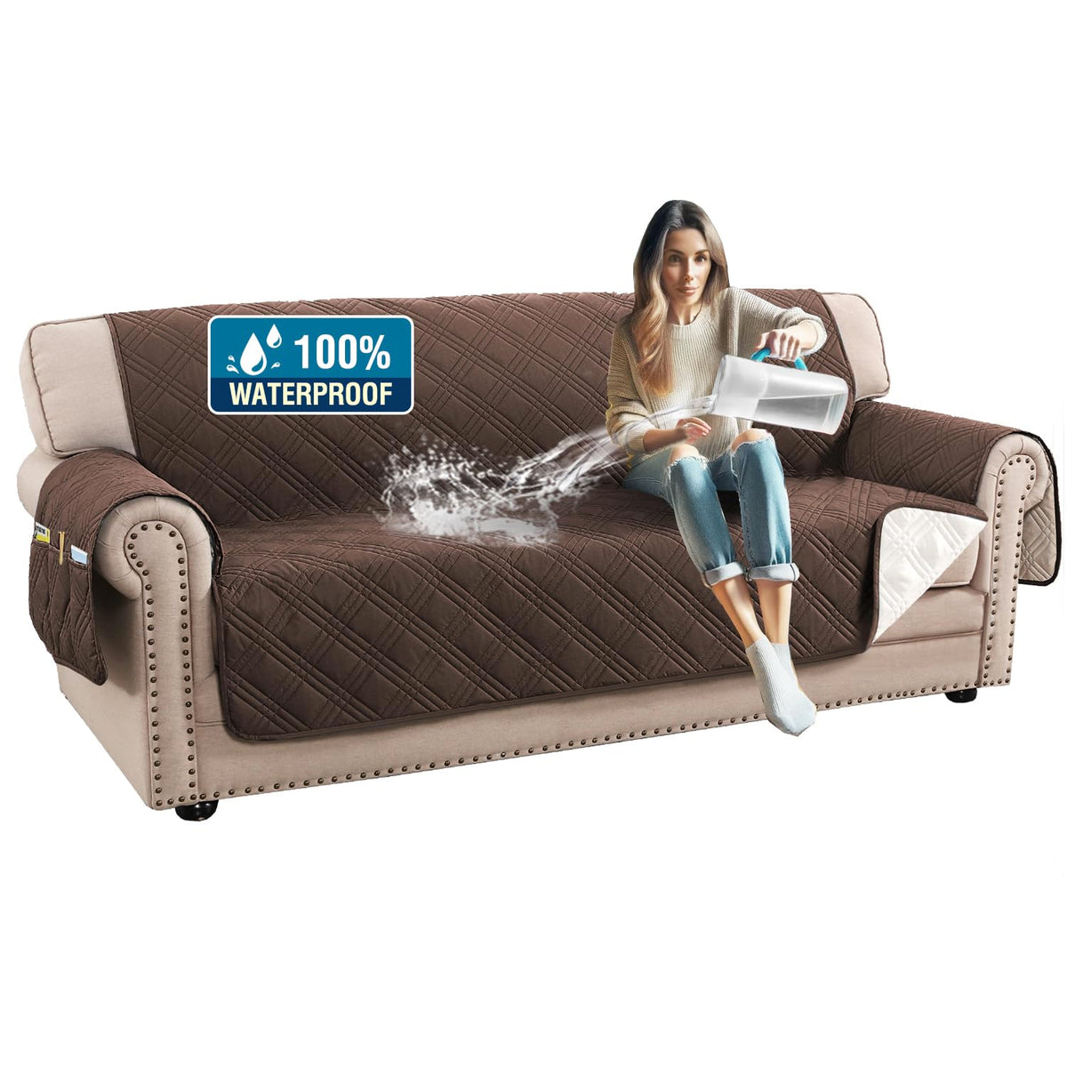 H.Versailtex 100% Waterproof Couch Covers For 3 Cushion Couch Sofa Pet Friendly Modern Sofa Cover With Elastic Straps Thick Soft Furniture Protector (Sofa, Brown/Beige)