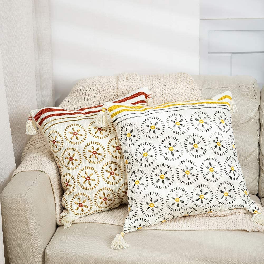 Modern Homes Boho Cushion Covers With Tassels (Yellow & Grey, 16X16 Inch)