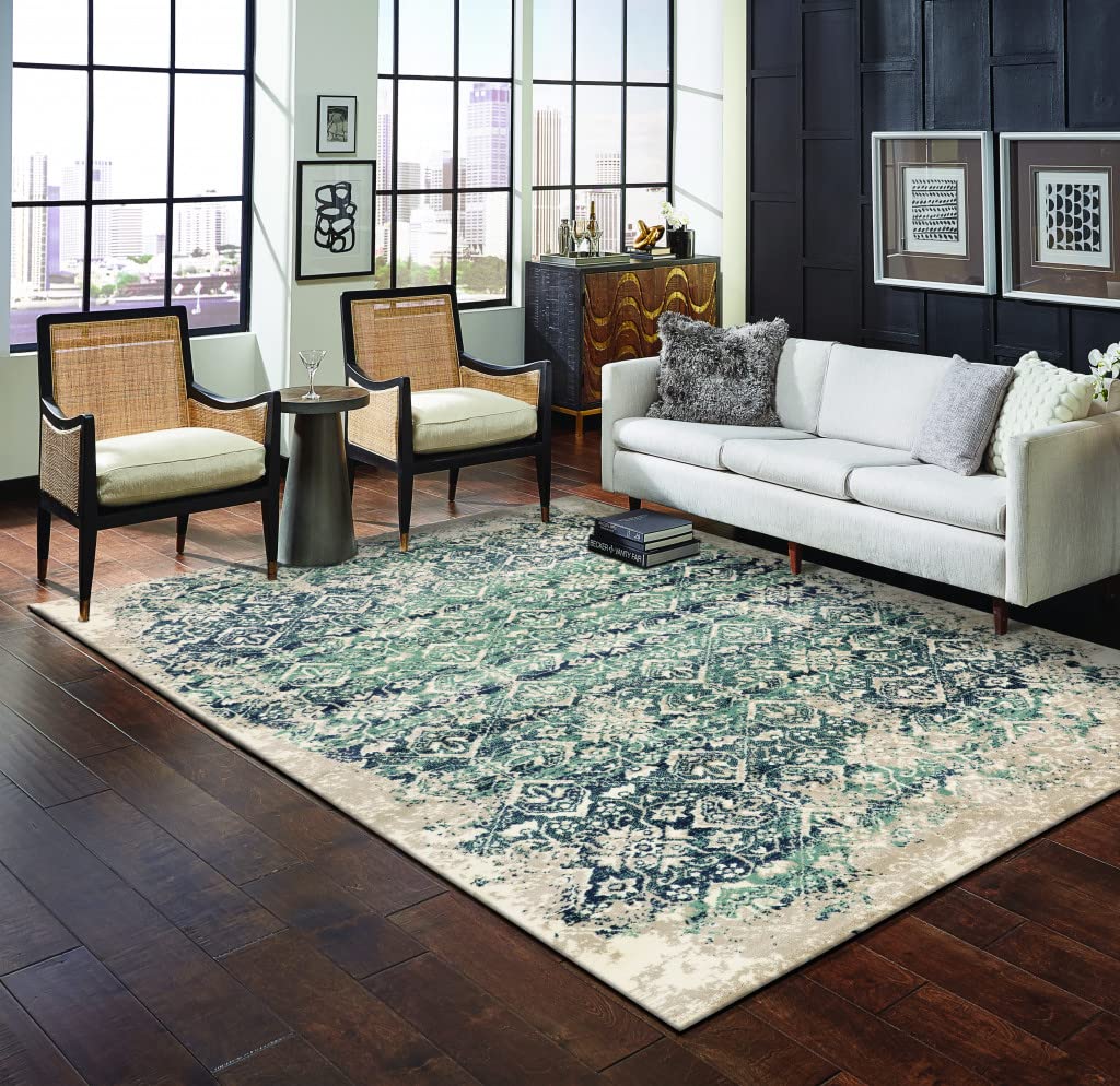 HomeRoots Ivory/Blue Heat-Set Polypropelene 3’ x 5’ Beige Blue Distressed Diamonds Area Rug