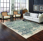 HomeRoots Ivory/Blue Heat-Set Polypropelene 3’ x 5’ Beige Blue Distressed Diamonds Area Rug