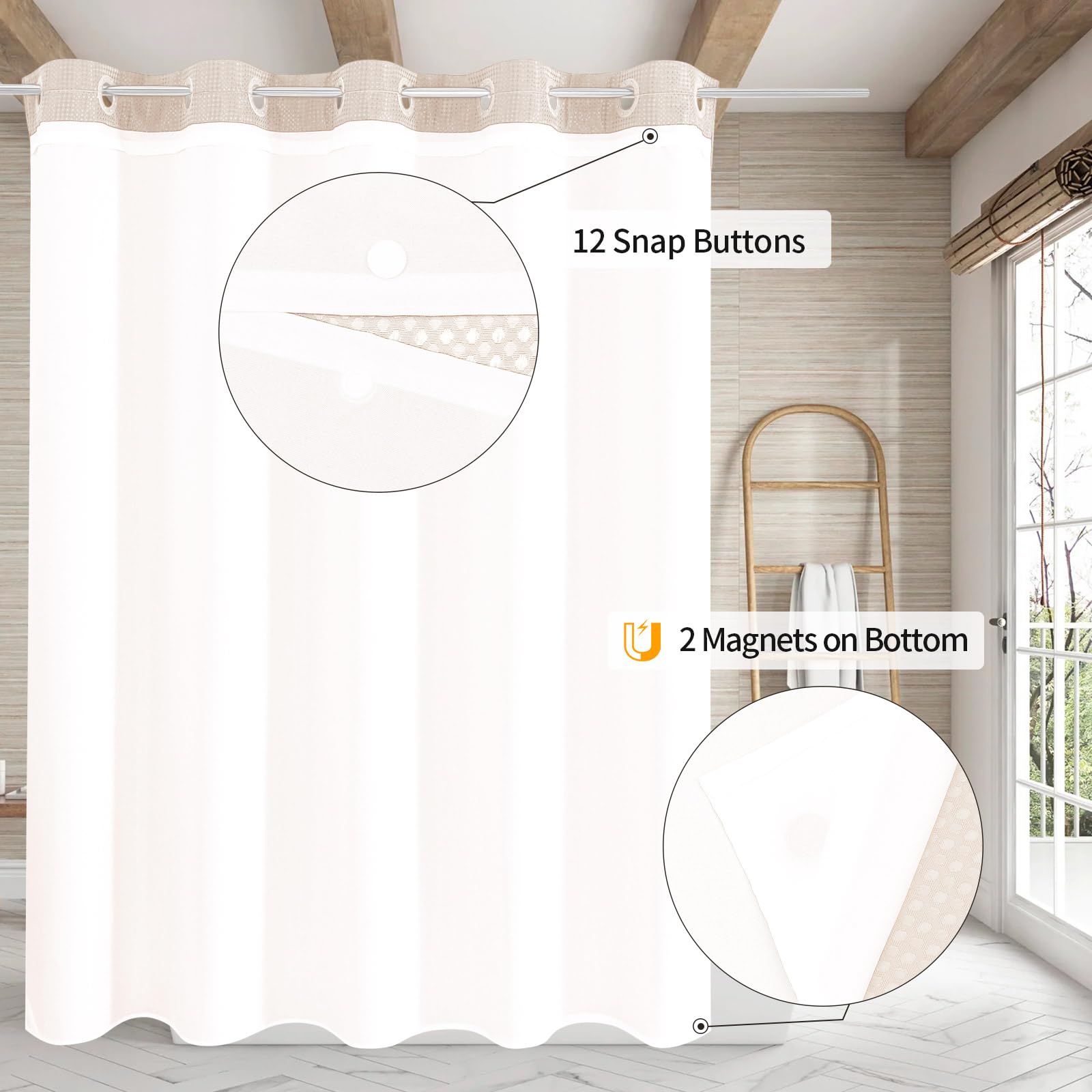 Mitovilla Pink Long Shower Curtain 72 X 80, No Hooks Needed 80 Inch Long Heavyweight Waffle Fabric Shower Curtain Set With Snap-