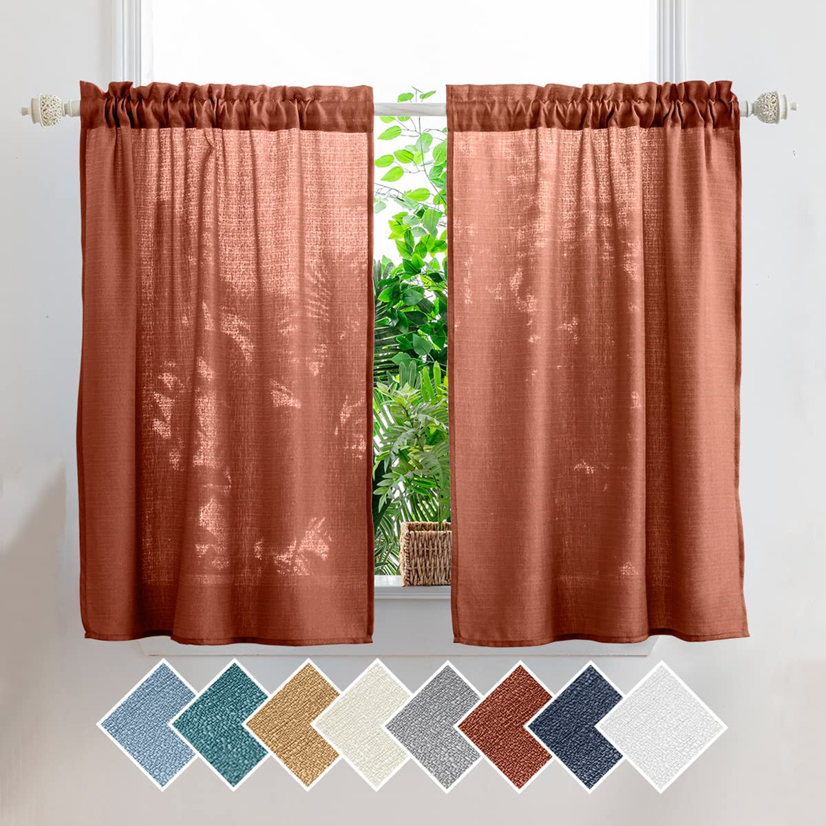 Yancorp Terracotta Kitchen Tier Curtains 36 inches Length Linen Textured Short Curtains Farmhouse Cafe Curtains Small Window for