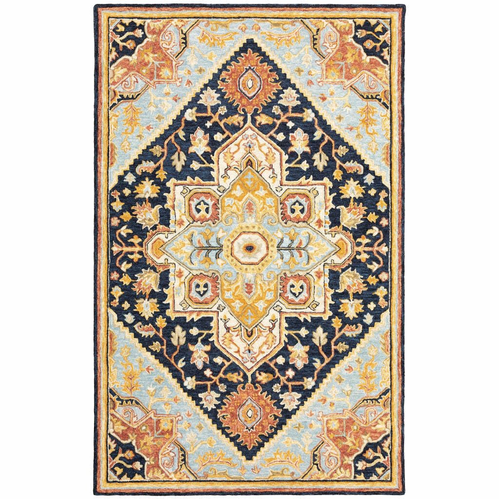 HomeRoots 508118 8 x 10 ft. Navy Rust Blue Ivory & Gold Oriental Hand Tufted Handmade Stain Resistant Rectangle Area Rug