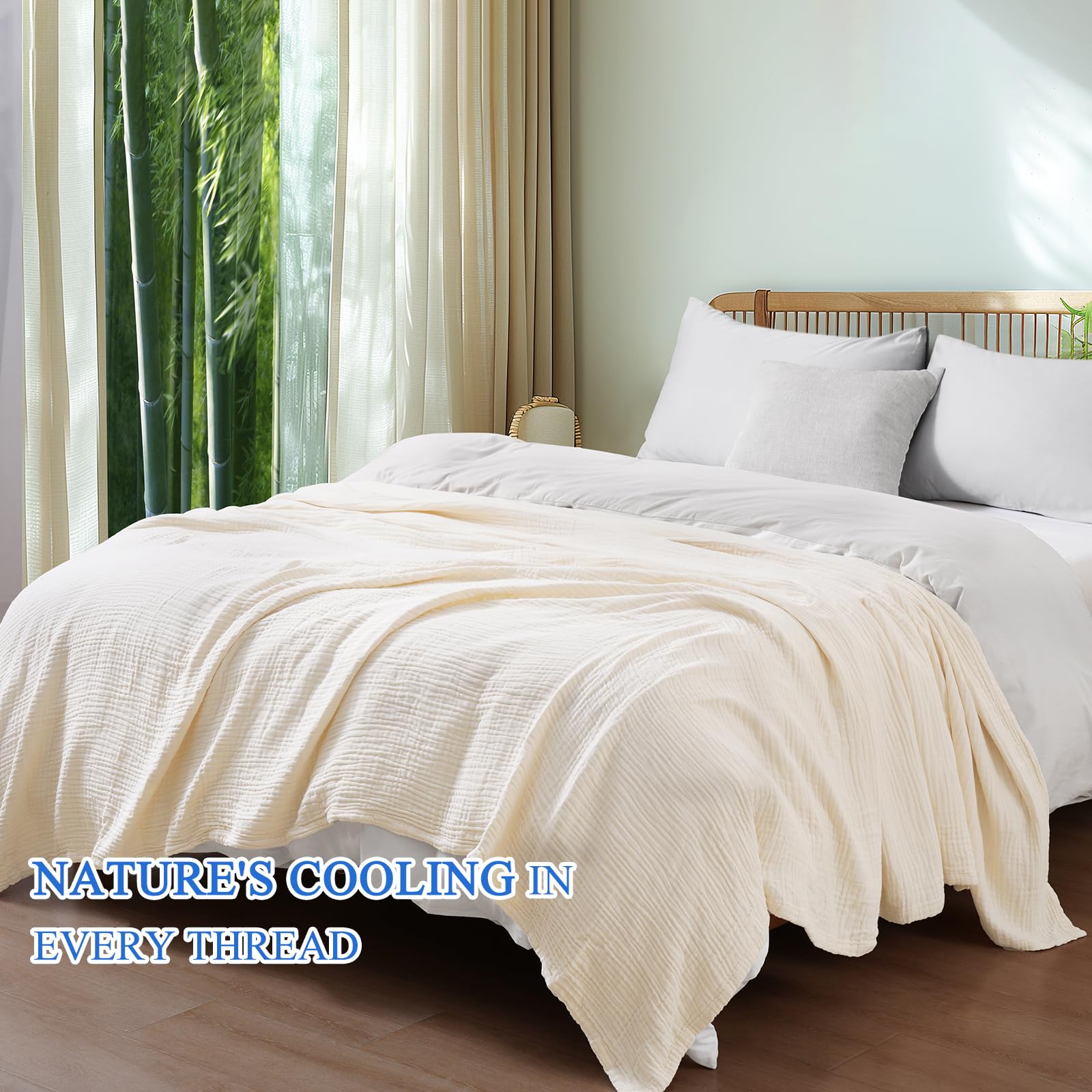 Phf Cooling Muslin King Blanket For Hot Sleepers, 60% Rayon Derived From Bamboo, 40% Cotton Blanket For Summer, 4-Layer Breathab