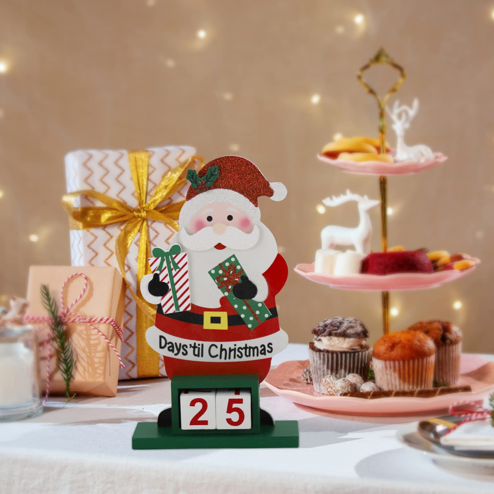 Sfozstra Christmas Advent Number Countdown Calendar,Wooden Square Number Tabletop Calendar Decoration, Santa Claus Home Office D