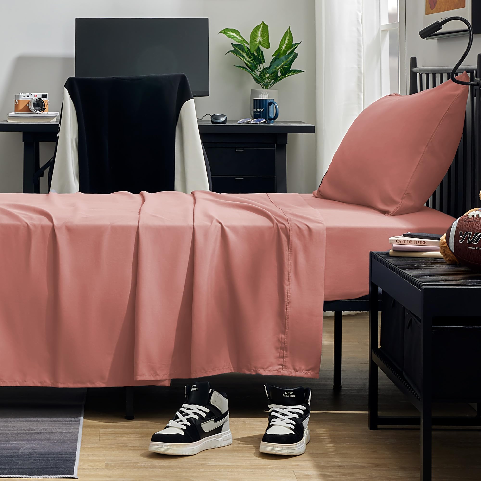 Sleep Zone Nanotex Super Soft Cooling Twin Bed Sheets Set For Kids 3 Piece - Easy Care Fitted Flat Sheet & Pillowcase Sets - Wrinkle Free, Fade Resistant, Deep Pocket 16' (Dull Pink, Twin)