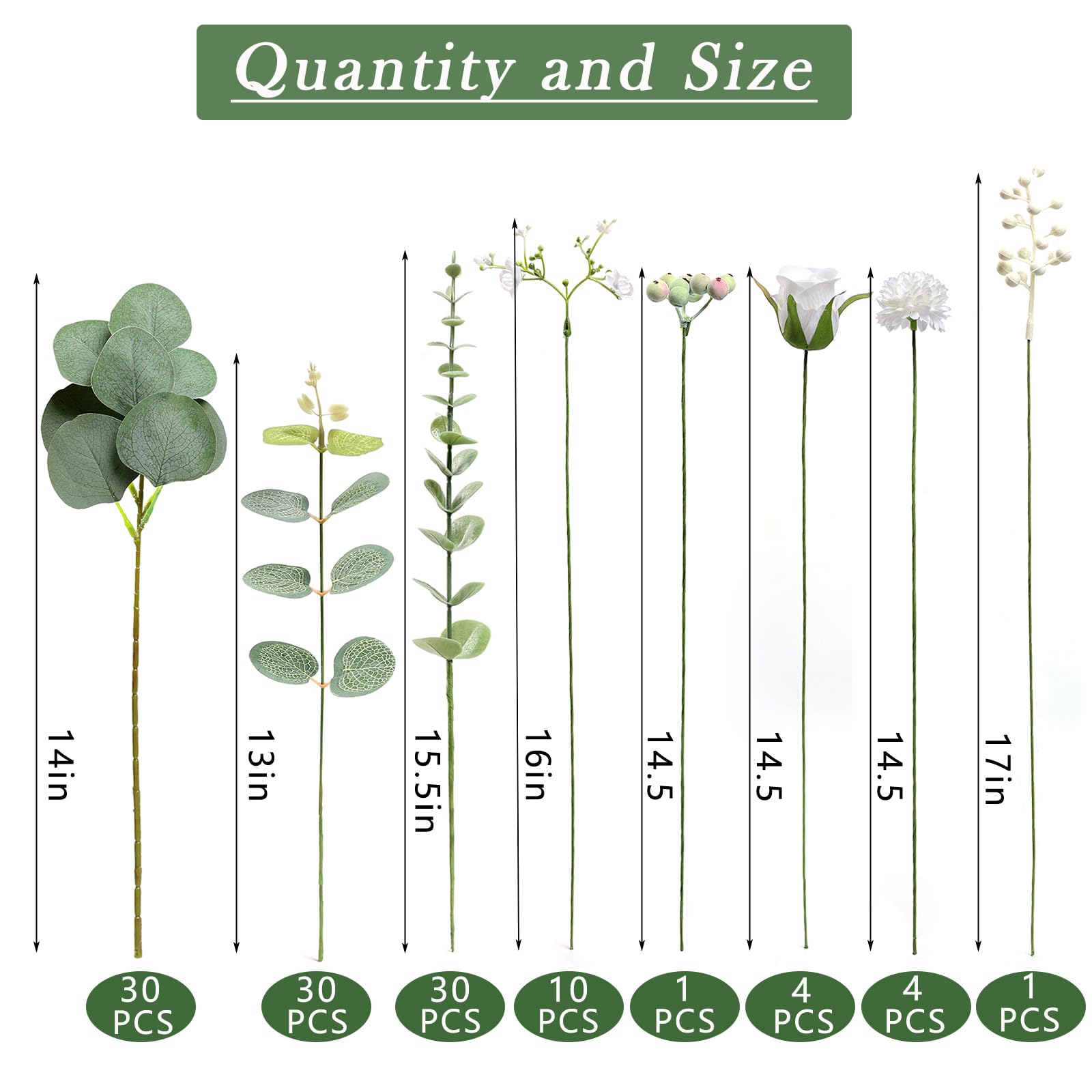 110 Pcs 7 Kinds Mixed Artificial Eucalyptus Stems And Faux Flowers,Fake Silver Dollar Eucalyptus Leaves Stems Bulk Real Touch Le
