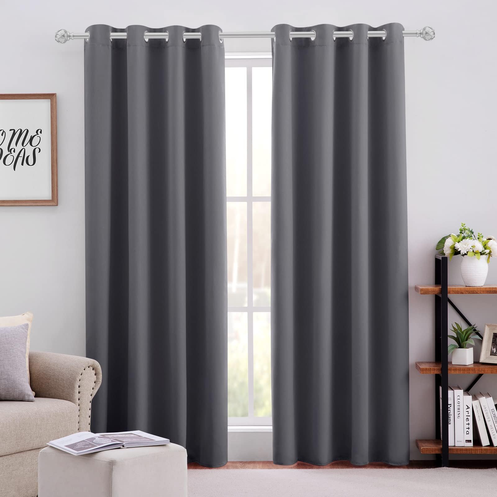 Homeideas Grey/Gray Blackout Curtains For Bedroom 52 X 108 Inch Long 2 Panels Set Room Darkening Curtains/Drapes, Soundproof The