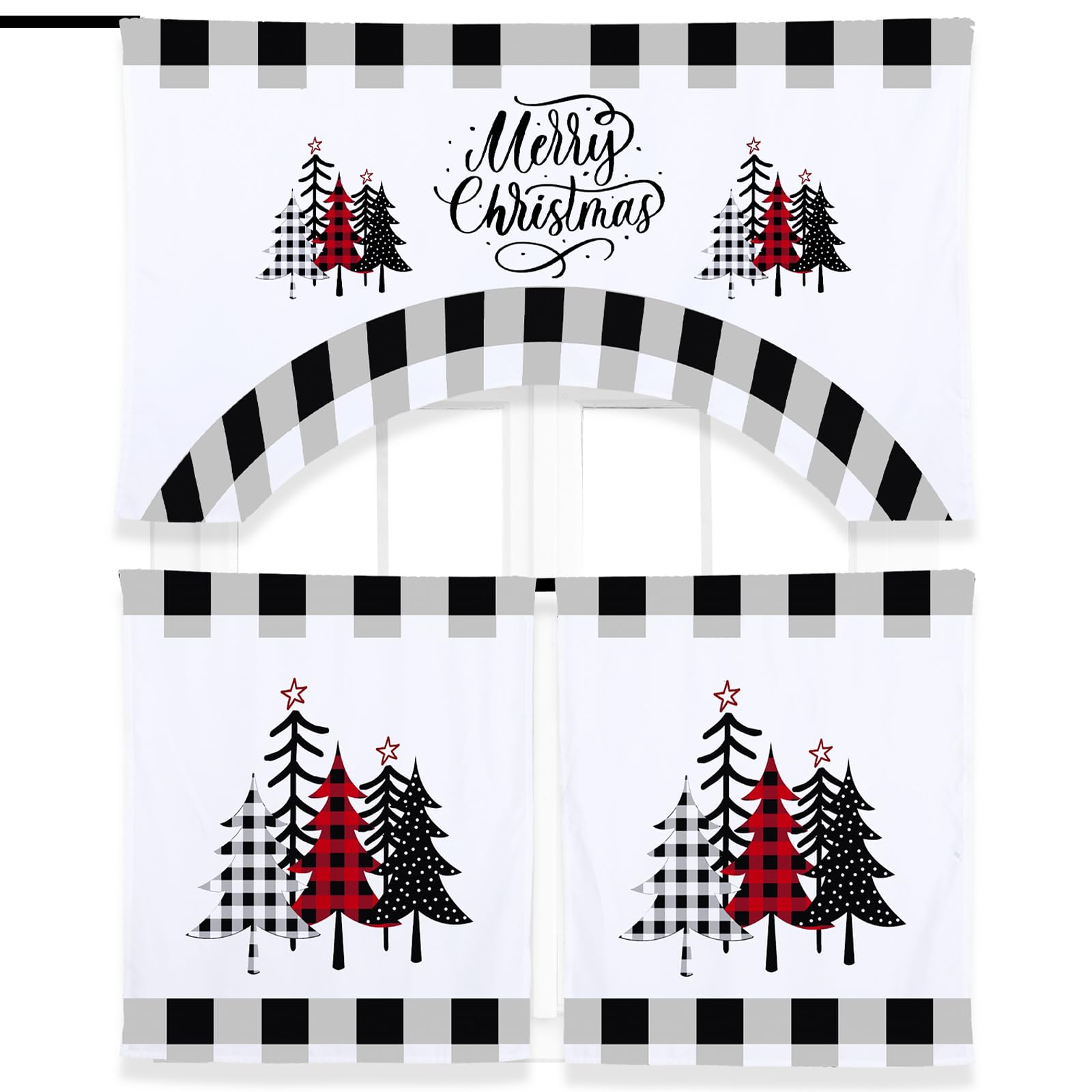 Ganeen 3 Piece Christmas Kitchen Curtain Set Kitchen Window Tier Curtains and Valance Buffalo Plaid Curtains Black and White Kit