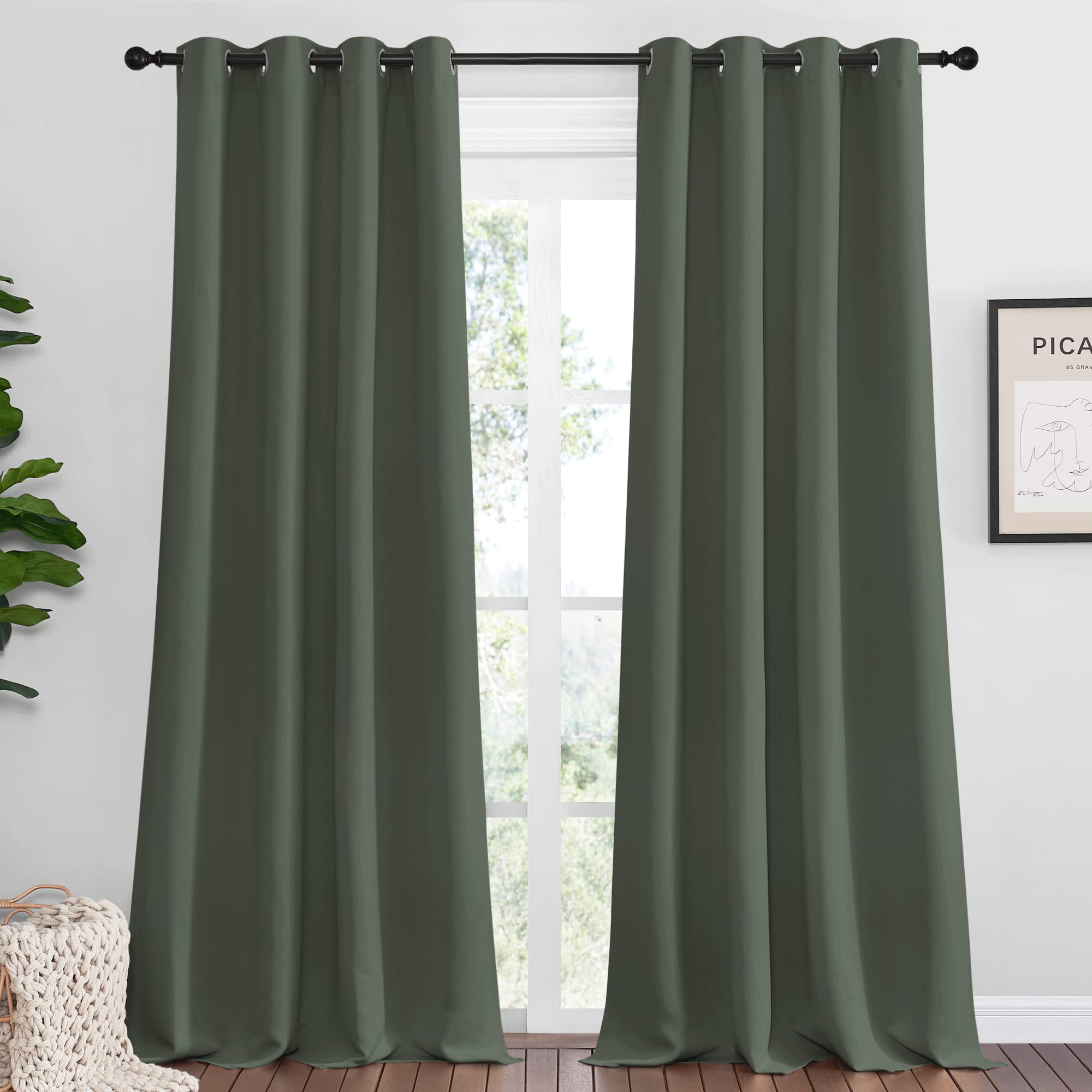 Nicetown Dark Mallard Blackout Draperies Curtains, 55 Inches Wide By 108 Inches Long, Pair Of Grommet Top Thermal Insulated Blac