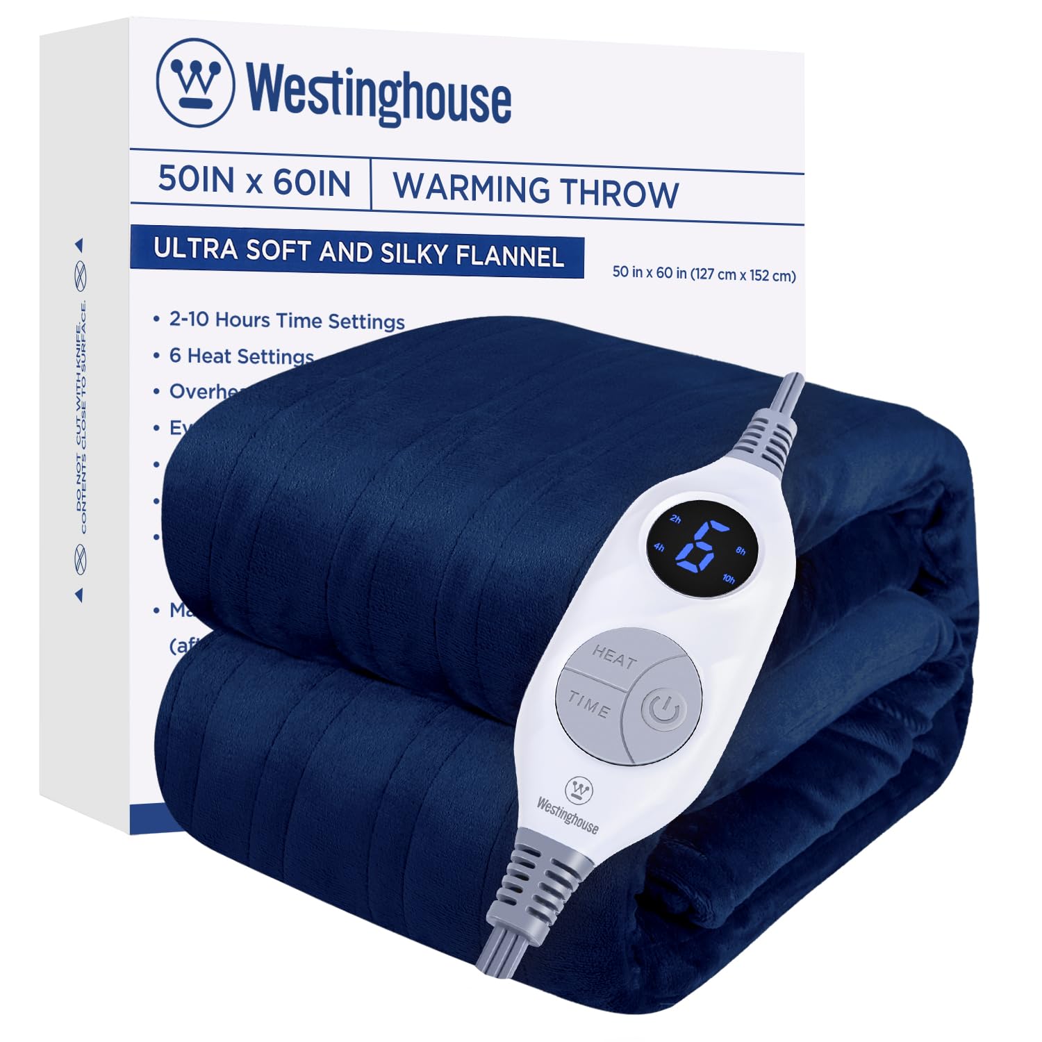 Westinghouse Heated Blanket Throw, Electric Throw With 6 Heating Levels, 2-10 Hours Time Settings, Overheat Protection, Machine