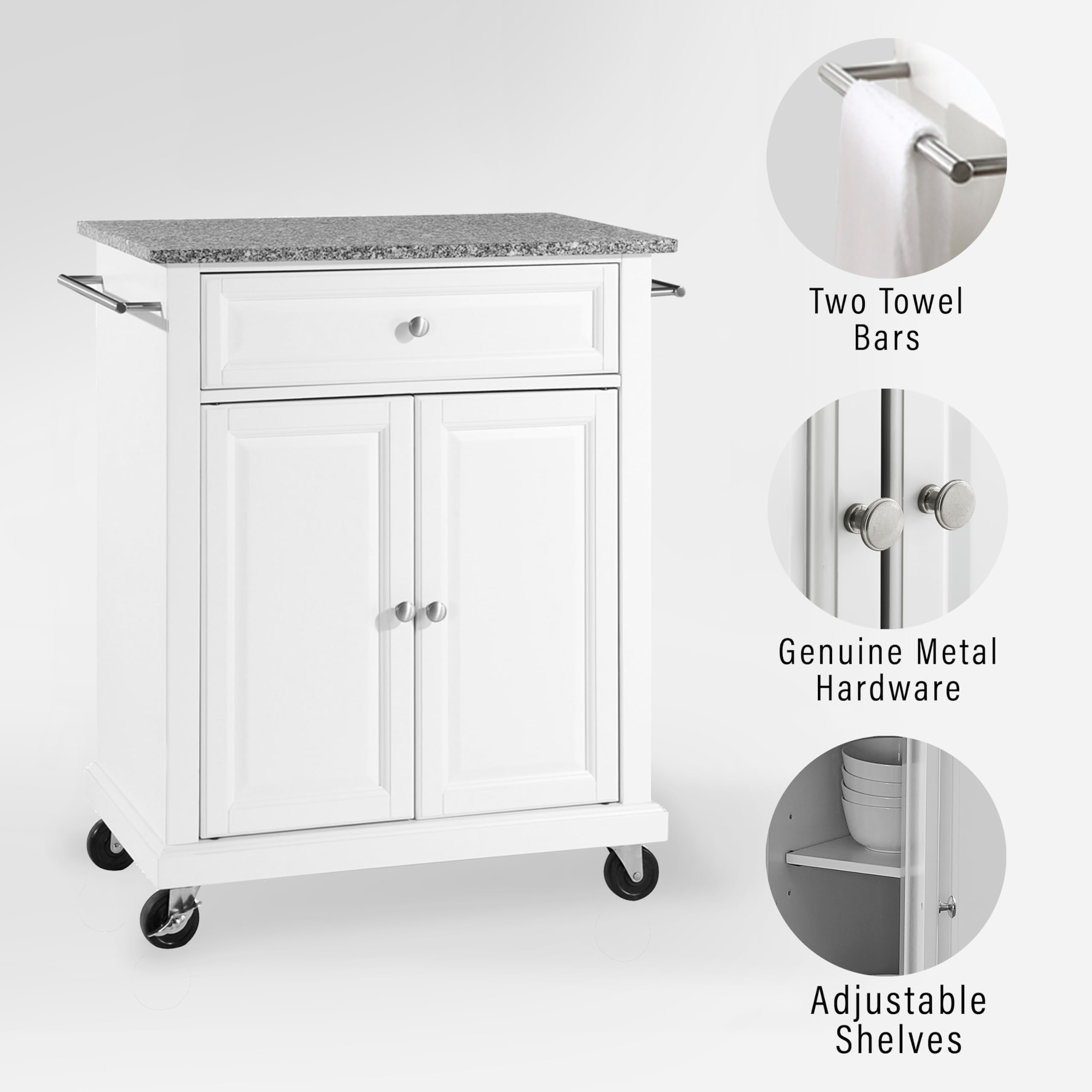Crosley Furniture Compact Granite Top Small Rolling Cart with Shelves, Microwave Stand with Towel Rack, White
