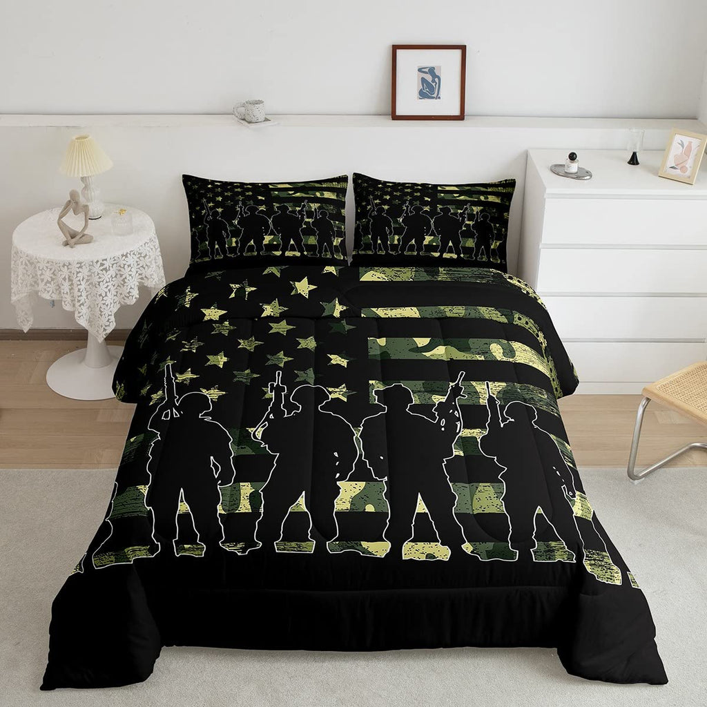 American Flag Comforter Set Twin for Boy Teen ArmyGreen Camouflage Down Comforter Adult Men Soldier Silhouettes Quilted Duvet Mi