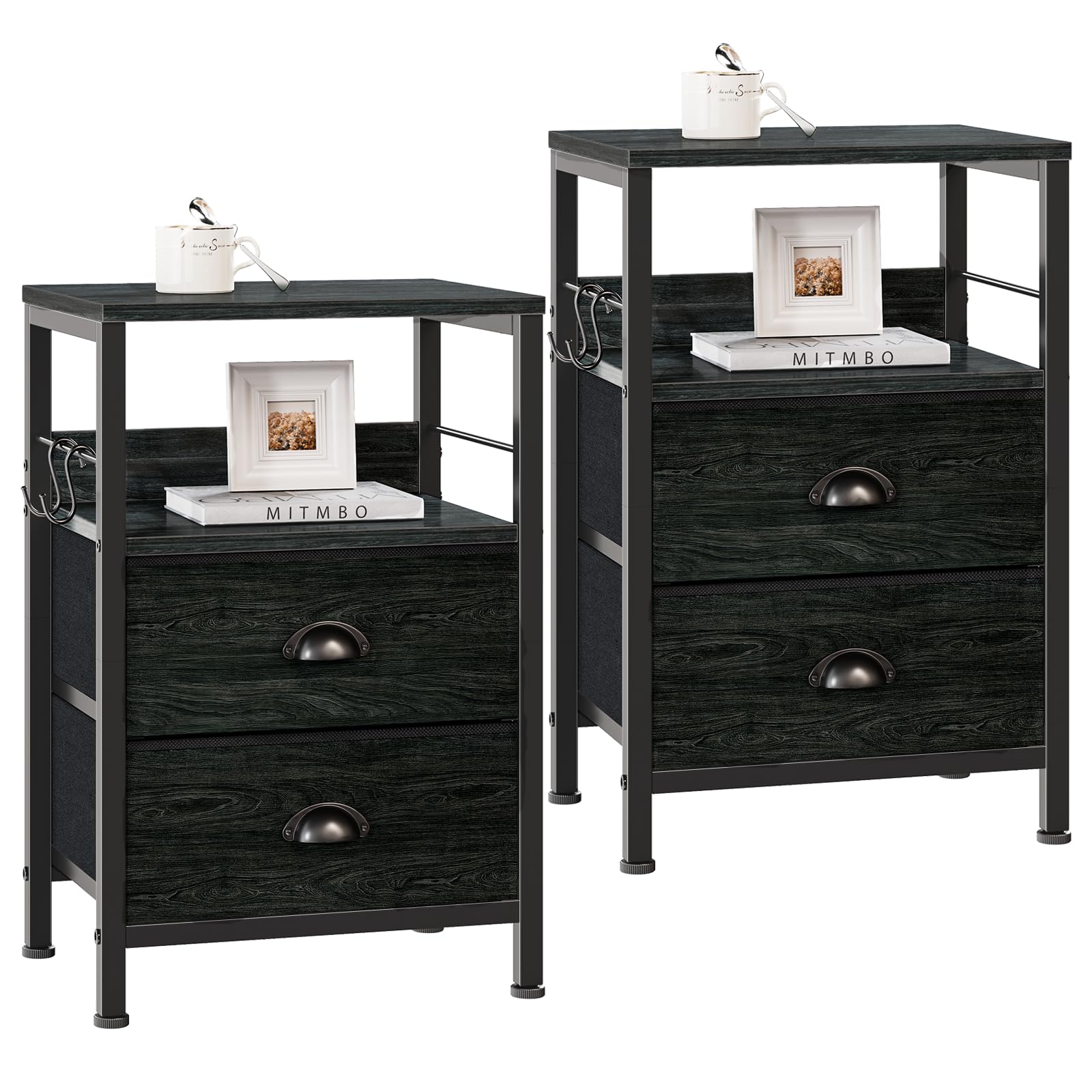 Furologee Nightstands Set 2, End Tables with 2 Fabric Drawers, Bedside Tables with Hooks and Shelf, for Bedroom/Living Room/Stud