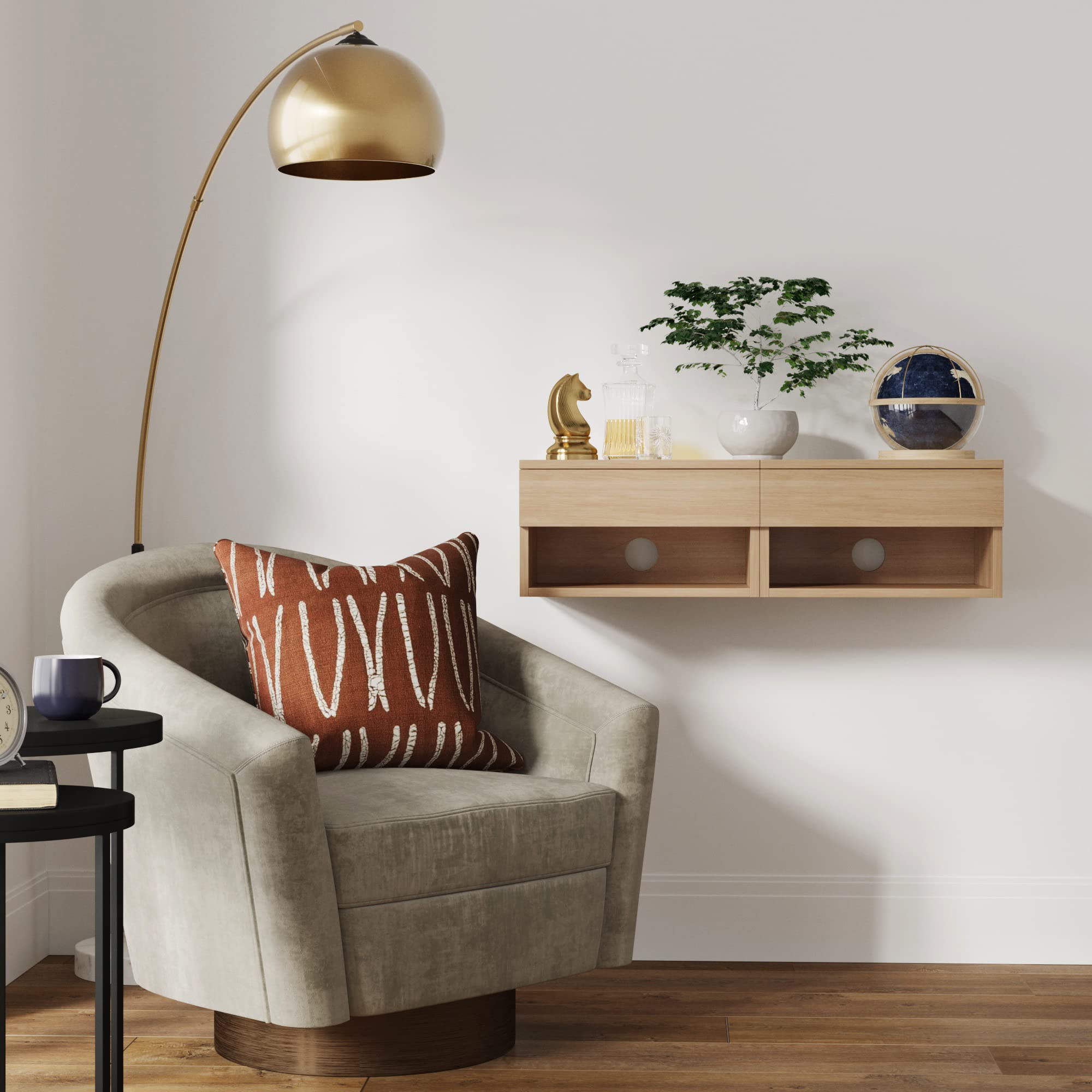 Nathan James Jackson Wall Mounted Floating Bedroom Nightstand With Storage Drawer And Modern Open Shelf Cubby Set Of 2, Light Oak Wood