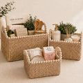 Boho Wicker Storage Baskets for Shelves: Set of 3 Woven Decorative Storage Bins with Handles, Stackable Seagrass Shelf Baskets f