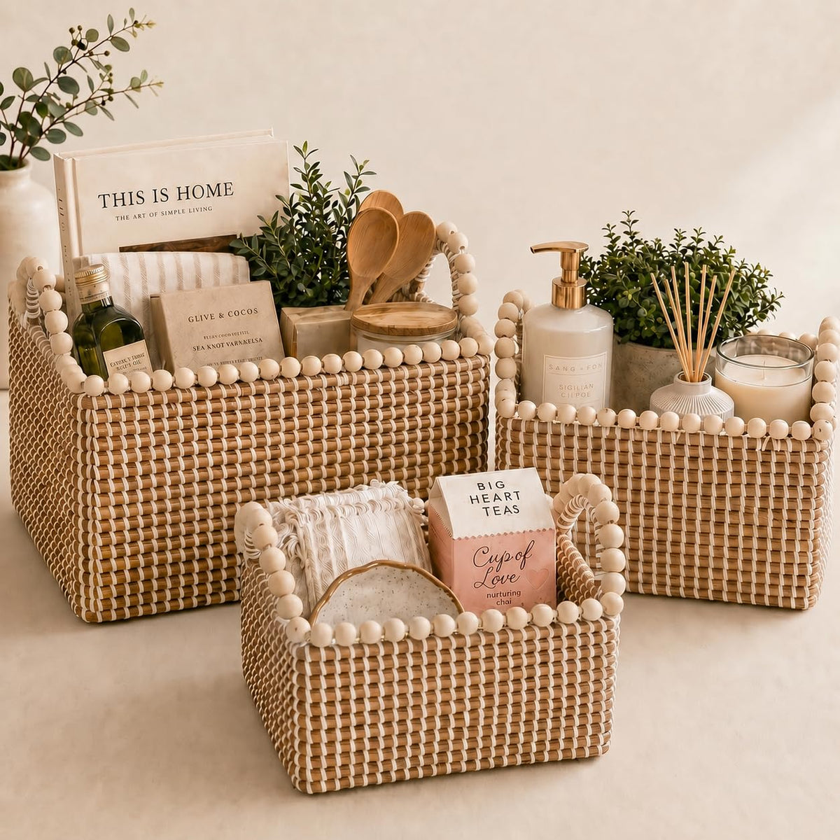 Boho Wicker Storage Baskets for Shelves: Set of 3 Woven Decorative Storage Bins with Handles, Stackable Seagrass Shelf Baskets f