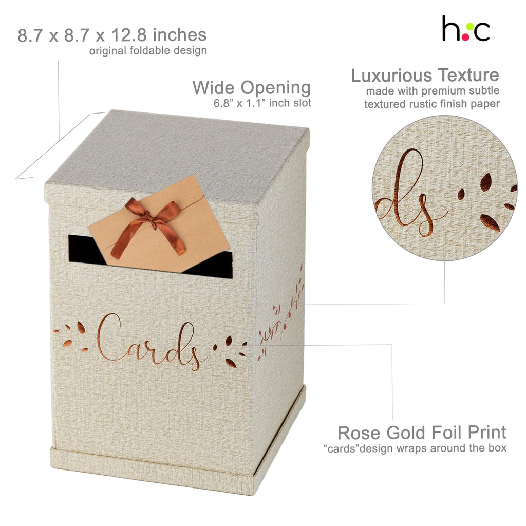 Rustic Card Box For Wedding Reception, Rose Gold & Linen Gift Card Holder, Mailbox With Slot For Envelopes, Graduation, Baby & B