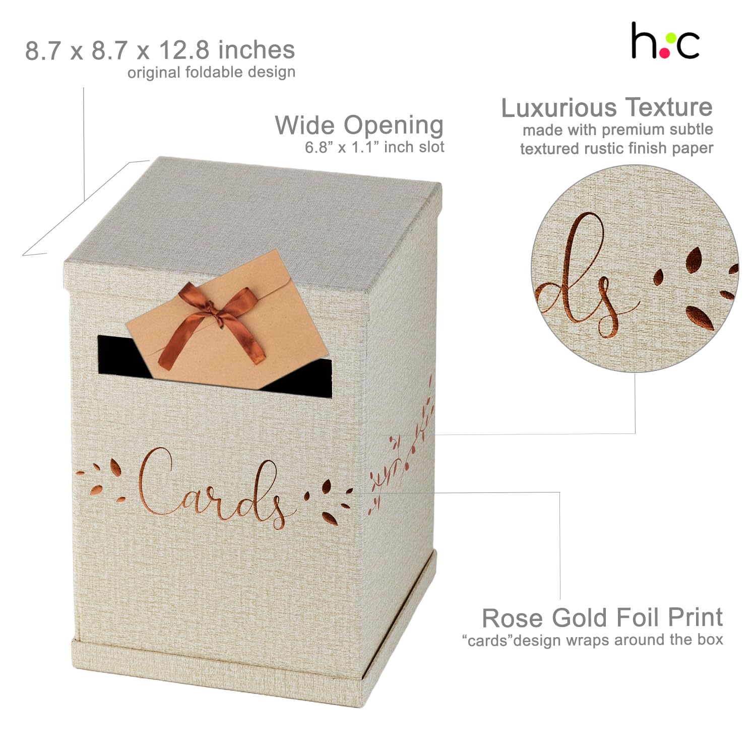Rustic Card Box For Wedding Reception, Rose Gold & Linen Gift Card Holder, Mailbox With Slot For Envelopes, Graduation, Baby & B