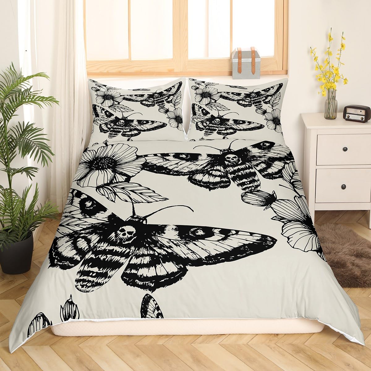Feelyou Gothic Skull Bedding Set Decorative Death Moth And Flowers Comforter Cover Queen Personalized Skeleton Bones Duvet Cover