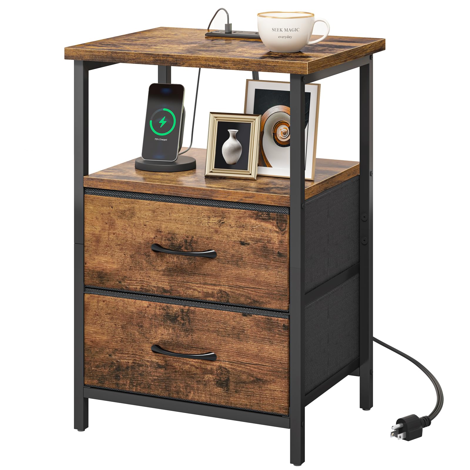 Fixwal Black Night Stand with Charger Station, Nightstand with Charging Station & Fabric Drawers