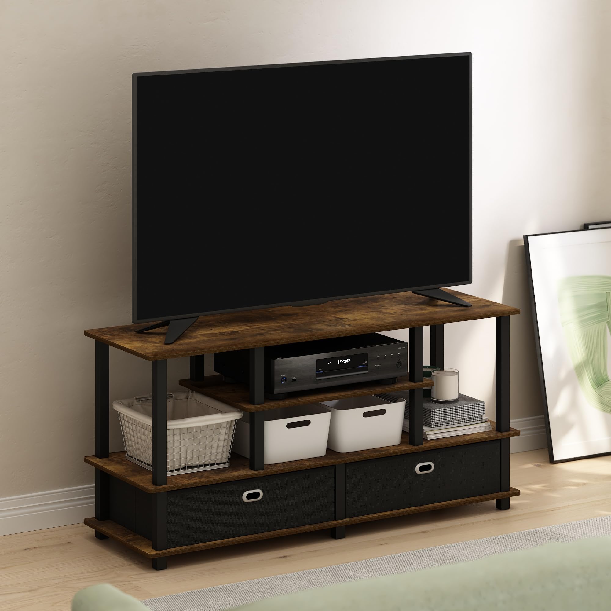 Furinno Jaya Large TV Stand for up to 55-Inch TV with Storage Bin, Amber Pine/Black/Black
