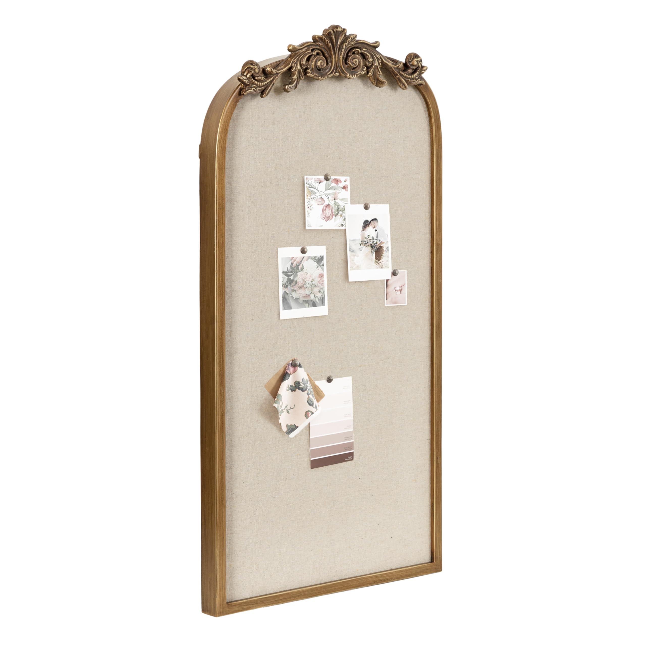 Kate And Laurel Arendahl Arch Pinboard, Gold, 13 X 25, Framed Arched Ornate Vintage Cork Board For Unique Display, Organization,
