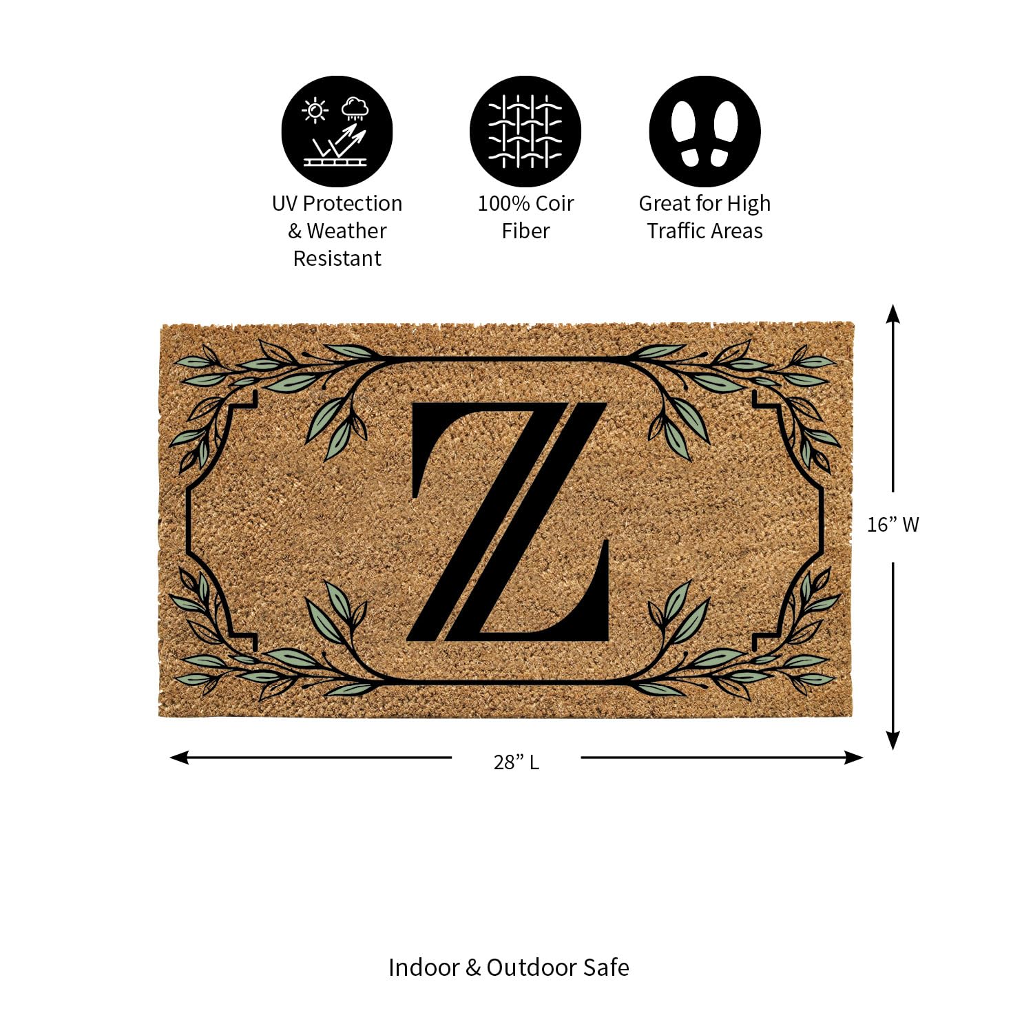 Evergreen Monogram Coir Doormat | Letter Z | Front Door Mat For Outdoor Indoor Entrance | 28X16 Inches | Non-Slip Backing Doorwa