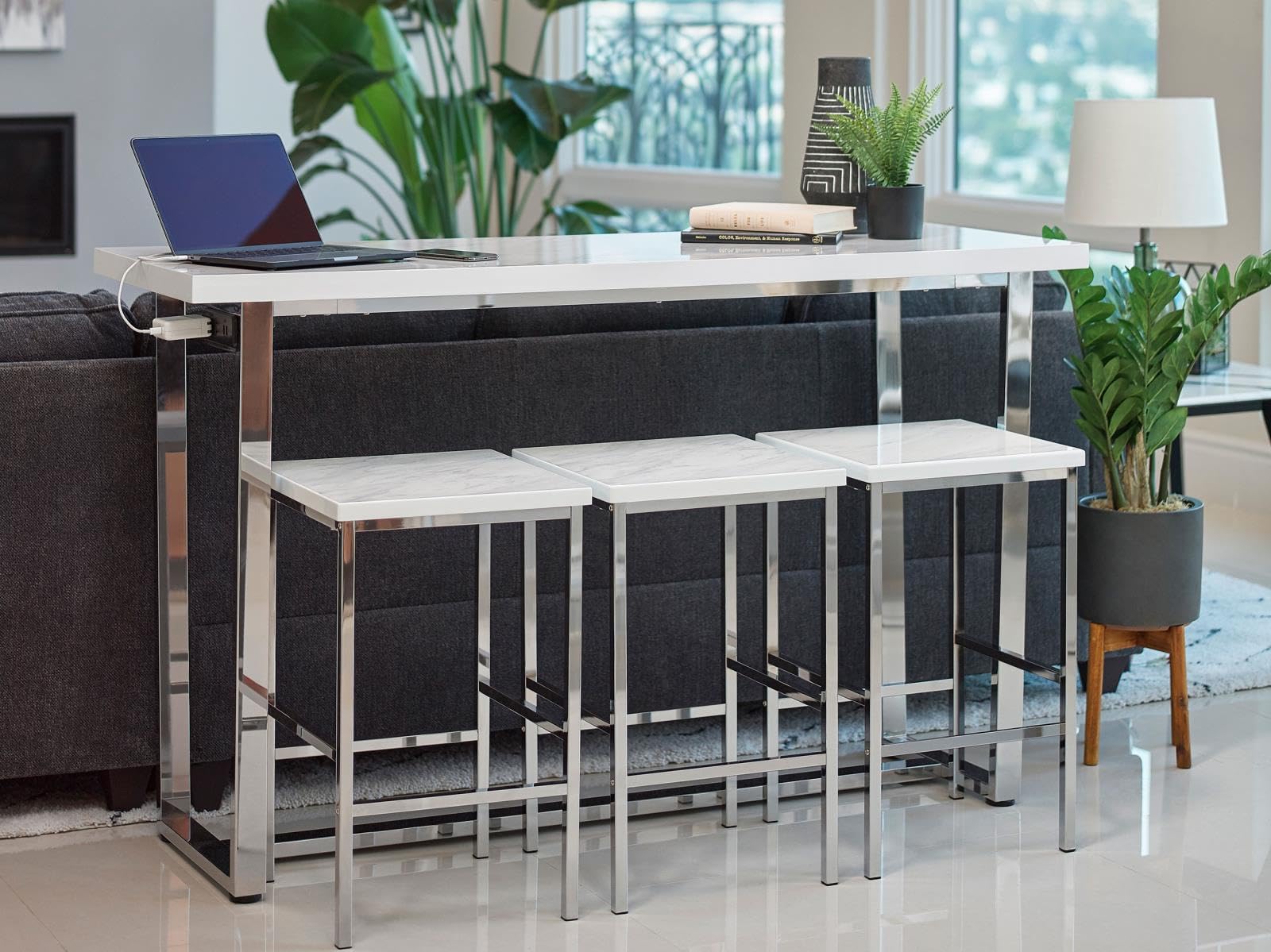 Coaster Furniture Marmot 4-Piece Rectangle Marble Counter Height Set Table White and Chrome 182253