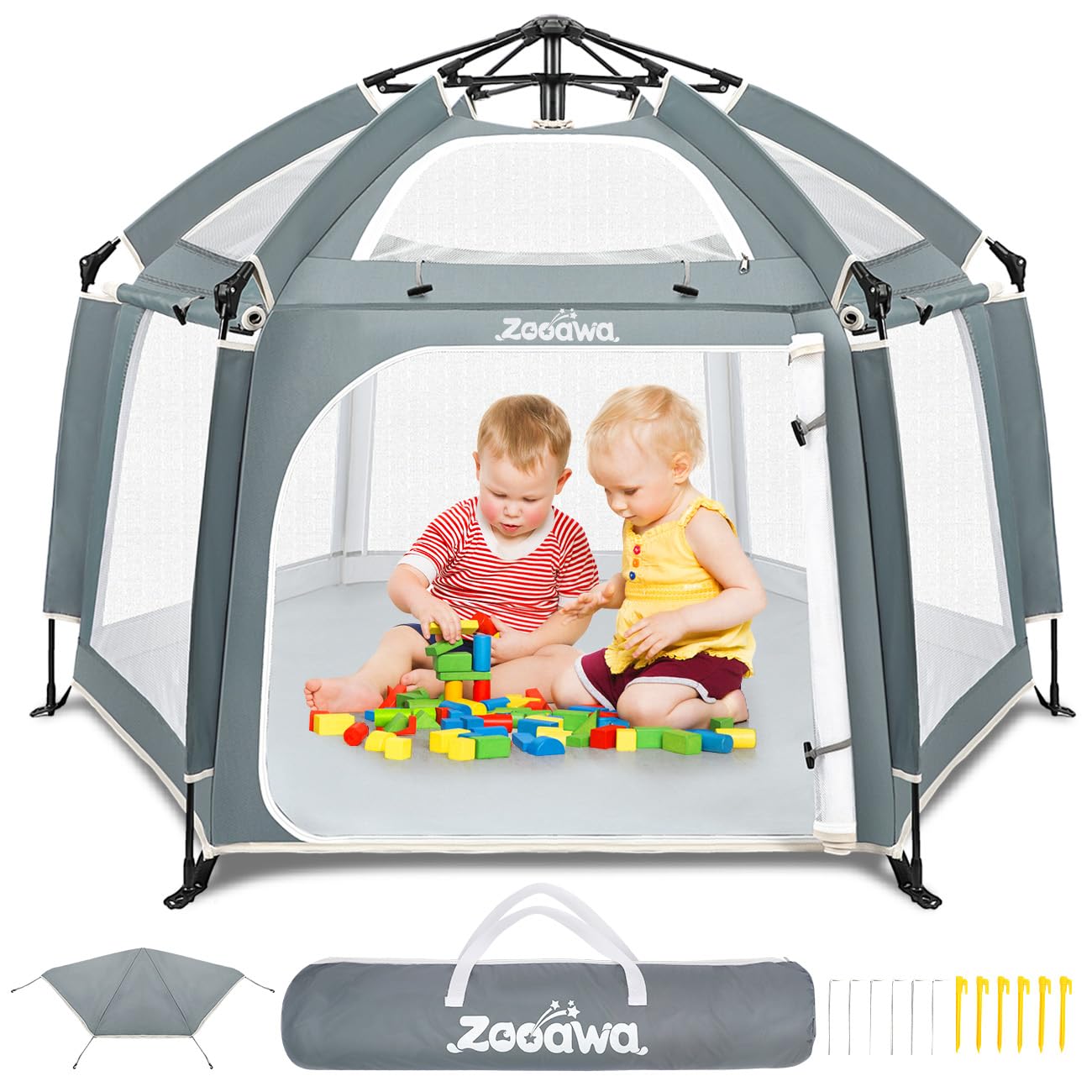 Zooawa Pop Up Playpen for Baby, Portable Playpen for Babies and Toddlers with Removable Sun-Shades& 2 Side UV Covers, Lightweigh
