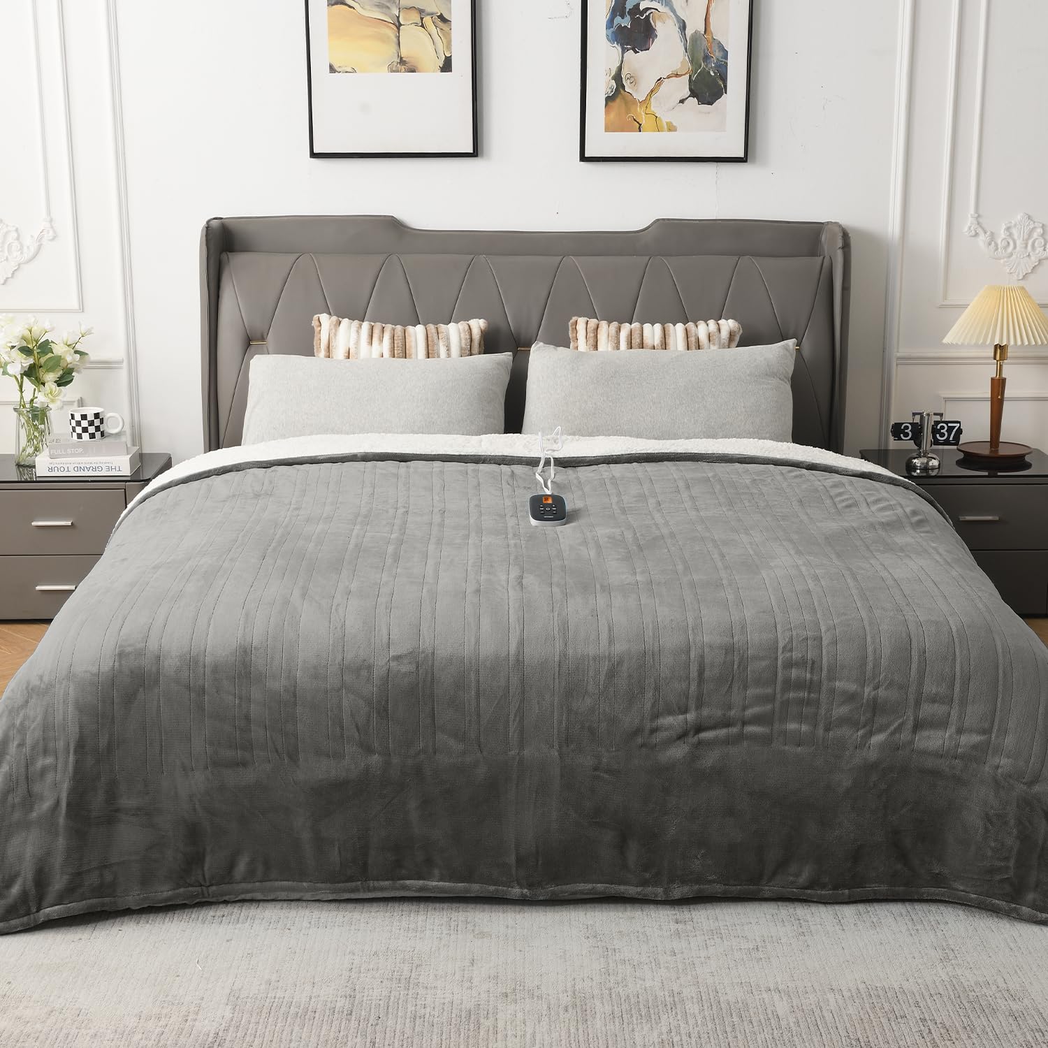 Woomer [5-Year Warranty] Electric Blanket Twin Size,Durable Flannel And Soft Sherpa,Dual Control,62     84    Heated Throw Blank