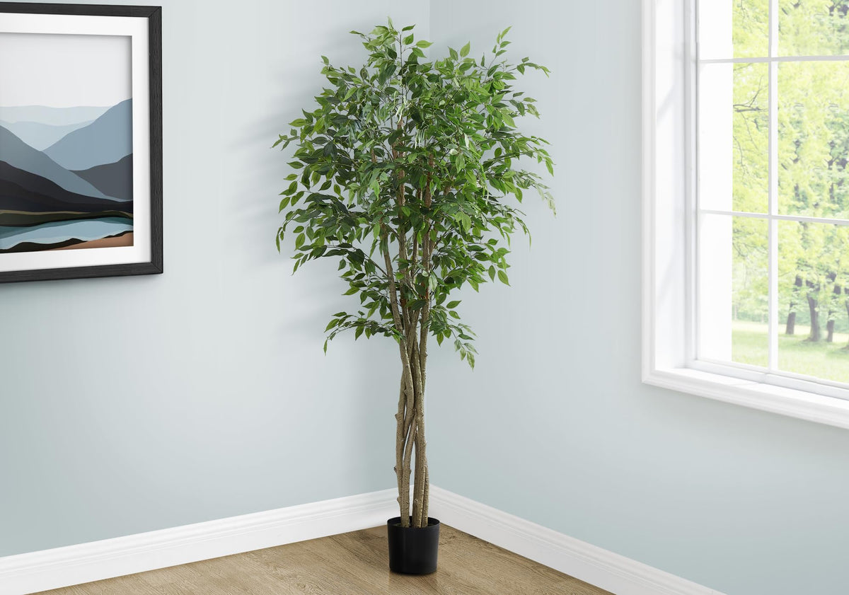 Monarch Specialties I 9549 Artificial Plant, 79&quot; Tall, Ficus Tree, Floor, Real Touch, Potted, Green Leaves, Black Pot