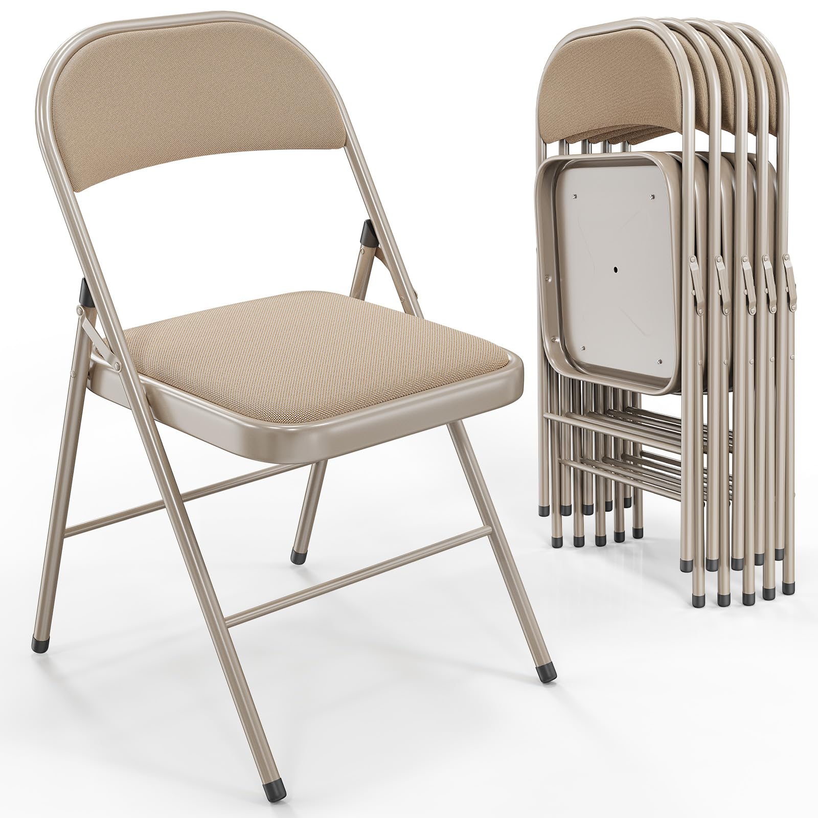 VINGLI Folding Chairs with Padded Seats, Metal Frame with Fabric Seat & Back, Capacity 350 lbs, Khaki, Set of 6