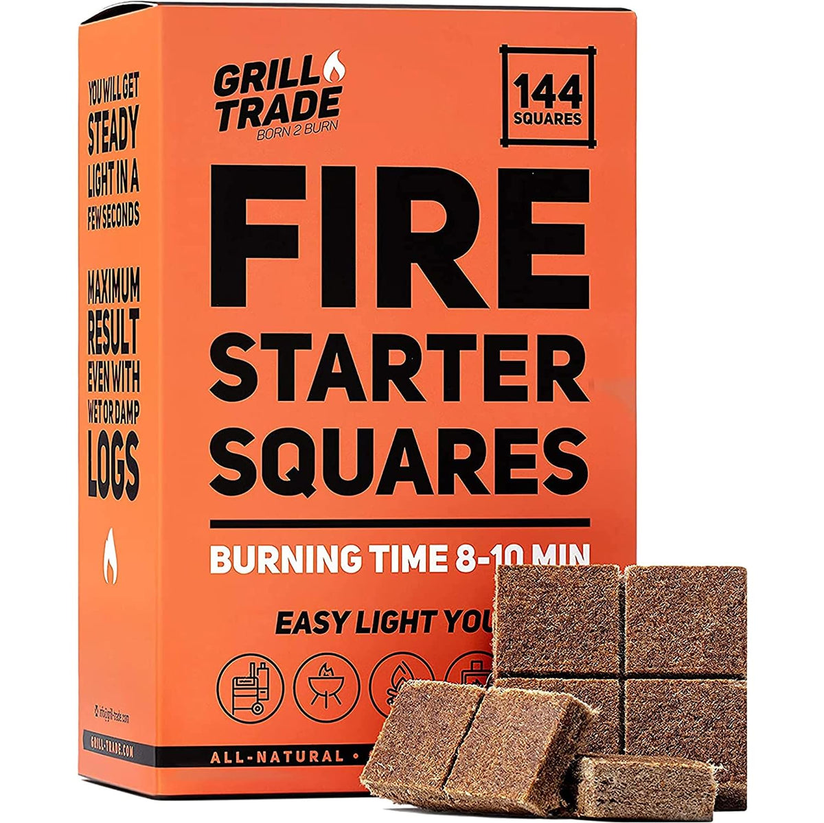 Grill Trade Fire Starter Squares 144, Easy Burn Your Bbq Grill, Camping Fire, Wood Stove, Smoker Pellets, Lump Charcoal, Firepla