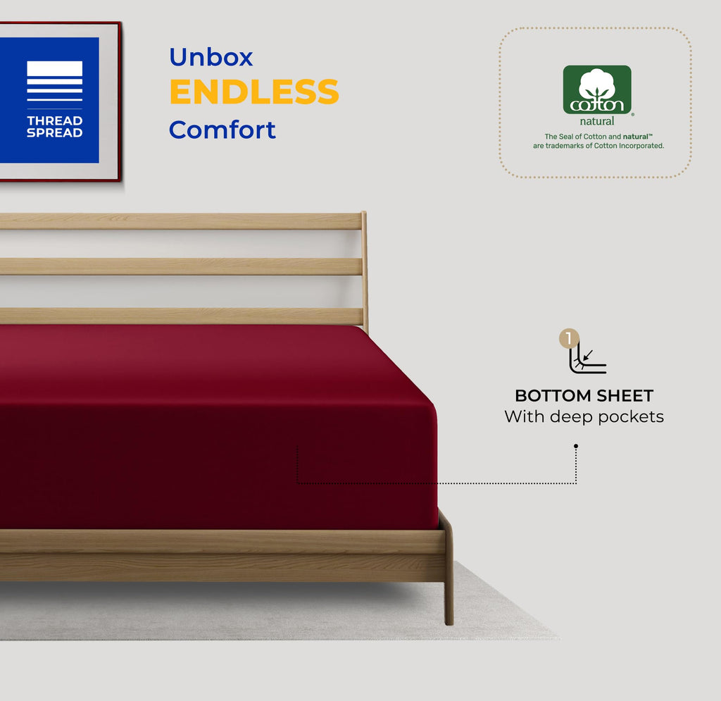 Thread Spread 100% Egyptian Cotton Fitted Sheet Twin Size - 600 Thread Count 16' Deep Pocket Twin Fitted Sheet Only, Cooling Sateen Elastic Bottom Sheet, Fits College Dorm Mattress, Teens - Burgundy