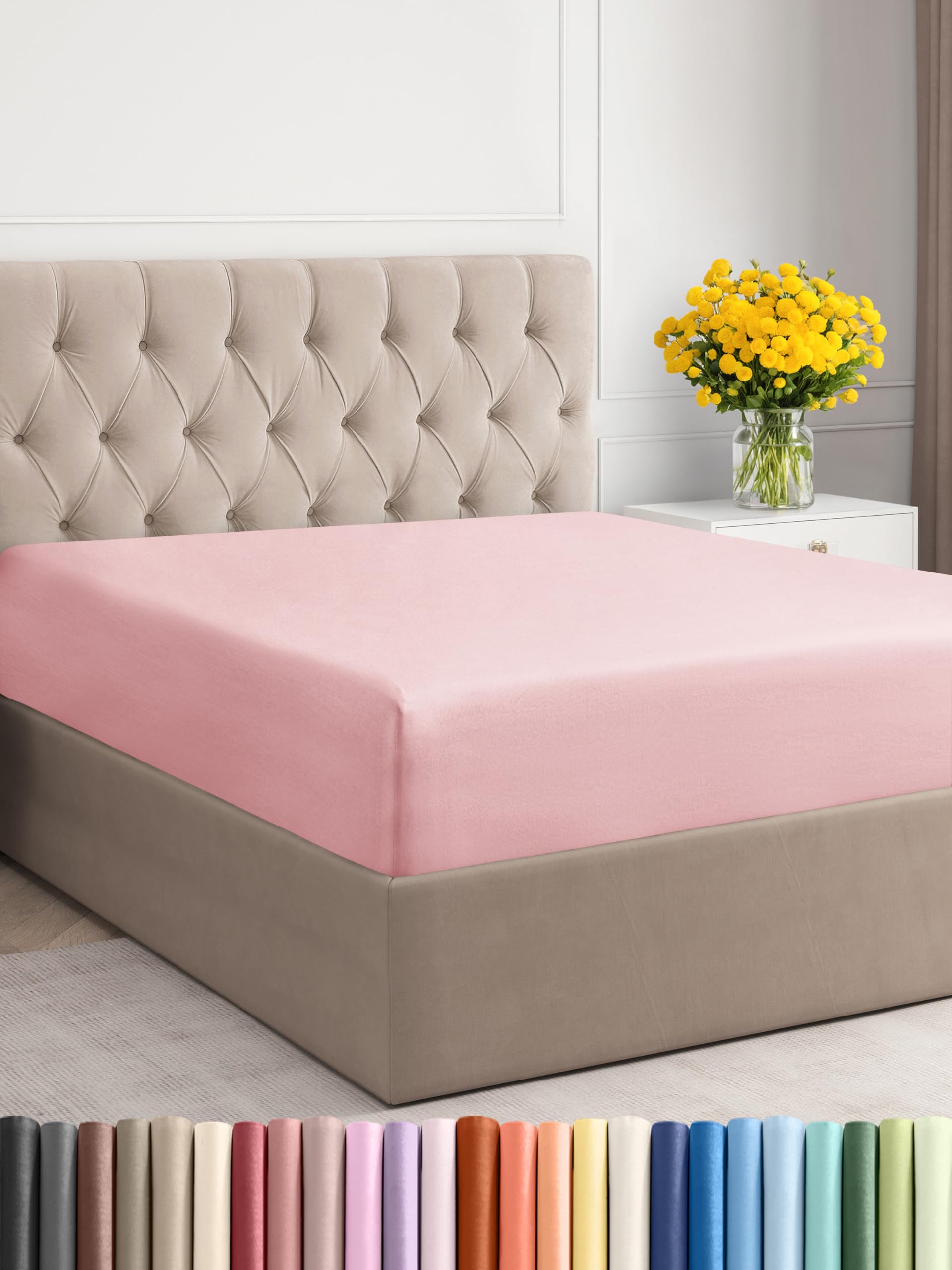 Full Size Fitted Bed Sheet - Hotel Luxury Single Fitted Sheet Only - Fits Mattress Up To 16 - Extra Soft, Wrinkle Free, Breathable & Cooling - Bottom Fitted Sheet - Baby Pink Single Fitted Sheet Only