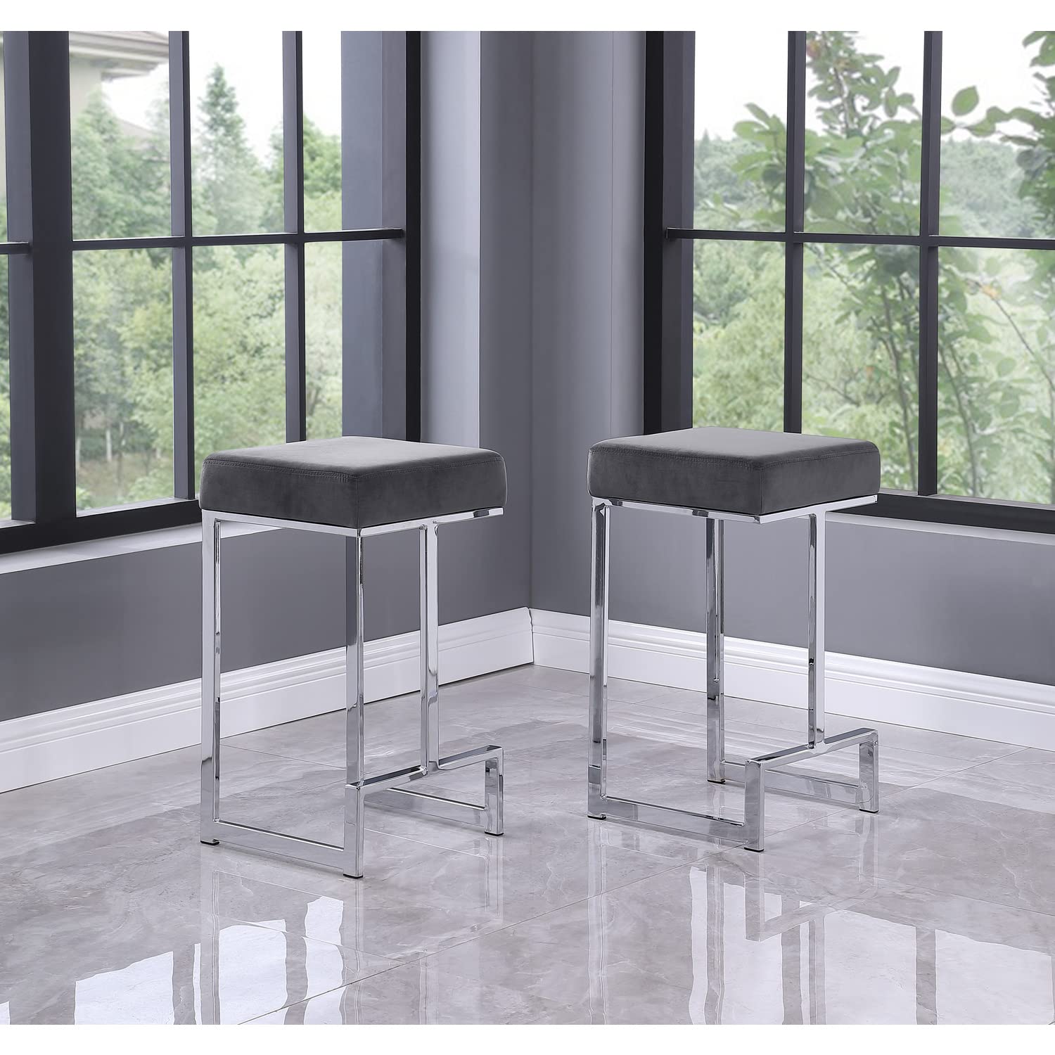 Best Master Furniture Dorrington Velvet Backless Counter Height Stool in Gray/Silver (Set of 2)