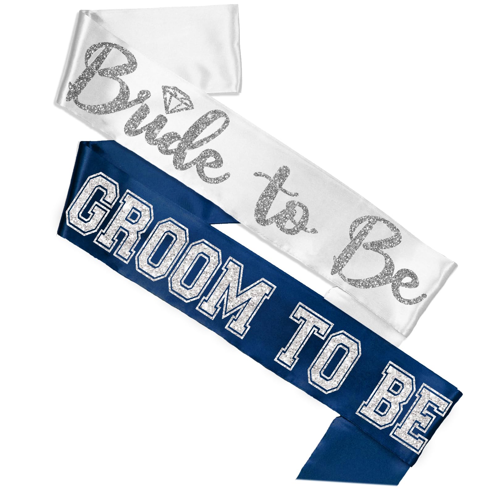 Bride And Groom Sashes - Set Of 2: Silver Diamond Bride To Be White Bridal Grade Satin Sash & Silver Sporty Groom To Be Navy Blu