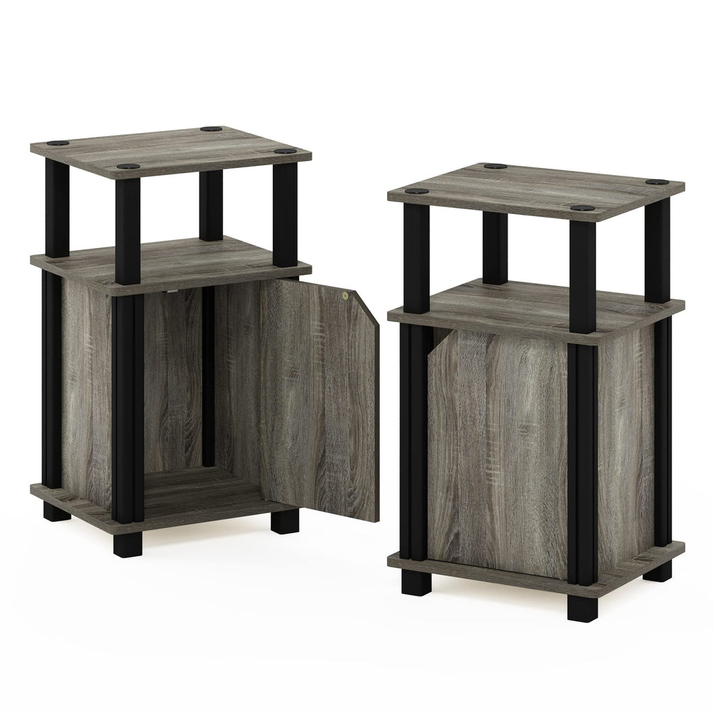 Furinno Brahms 3-Tier End Side Sofa Table/Nighstand With Door, 2-Pack, French Oak/Black