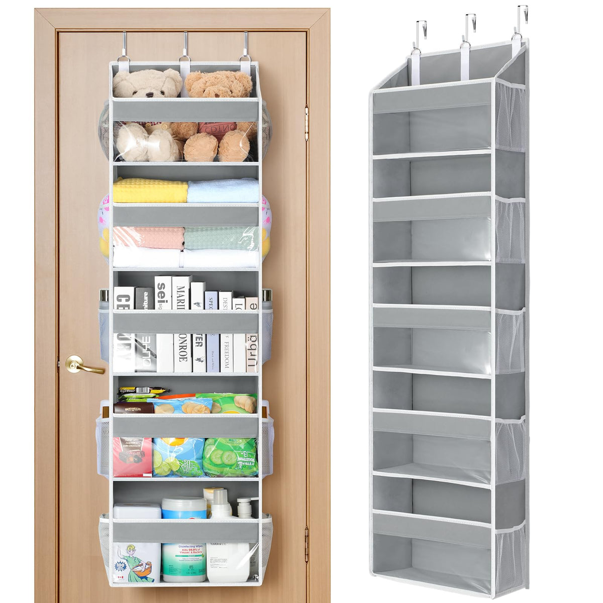 Yecaye Over the Door Organizer 5 Tiers, Heavy Duty Hanging Storage with 5 Large Clear PVC Pockets and 10 Side Pockets, 56lbs Cap