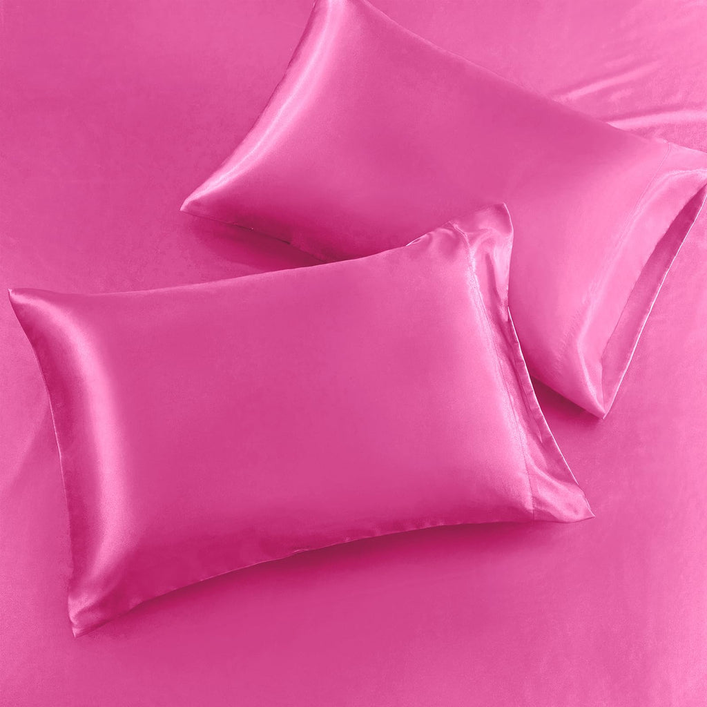 Siinvdabzx 3-Piece Set Satin Full Fitted Sheet & 2 Pillowcase, Hot Pink Silky Soft Fitted Bottom Sheet, Wrinkle Free, Fade Resis