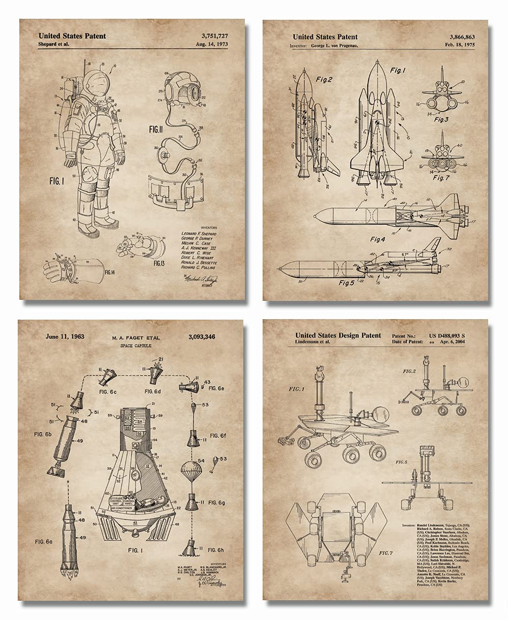 Outer Space Decor Patent (8x10 inches) Set of 4 - Wall Art Prints - Great Astronomy Gifts for Aerospace Lovers - Space Decoratio