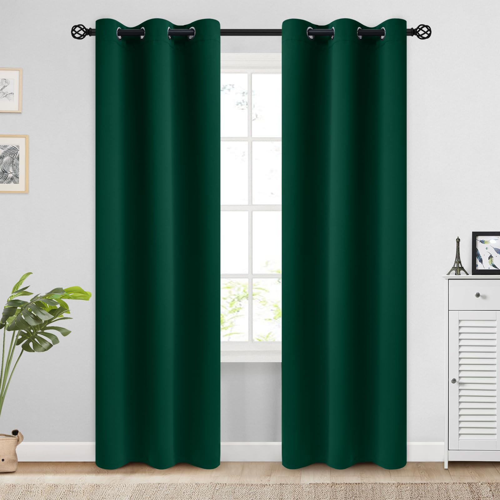 Cosviya Grommet Blackout Room Darkening Dark Green Curtains 84 Inch Length 2 Panels,Thick Polyester Light Blocking Insulated The